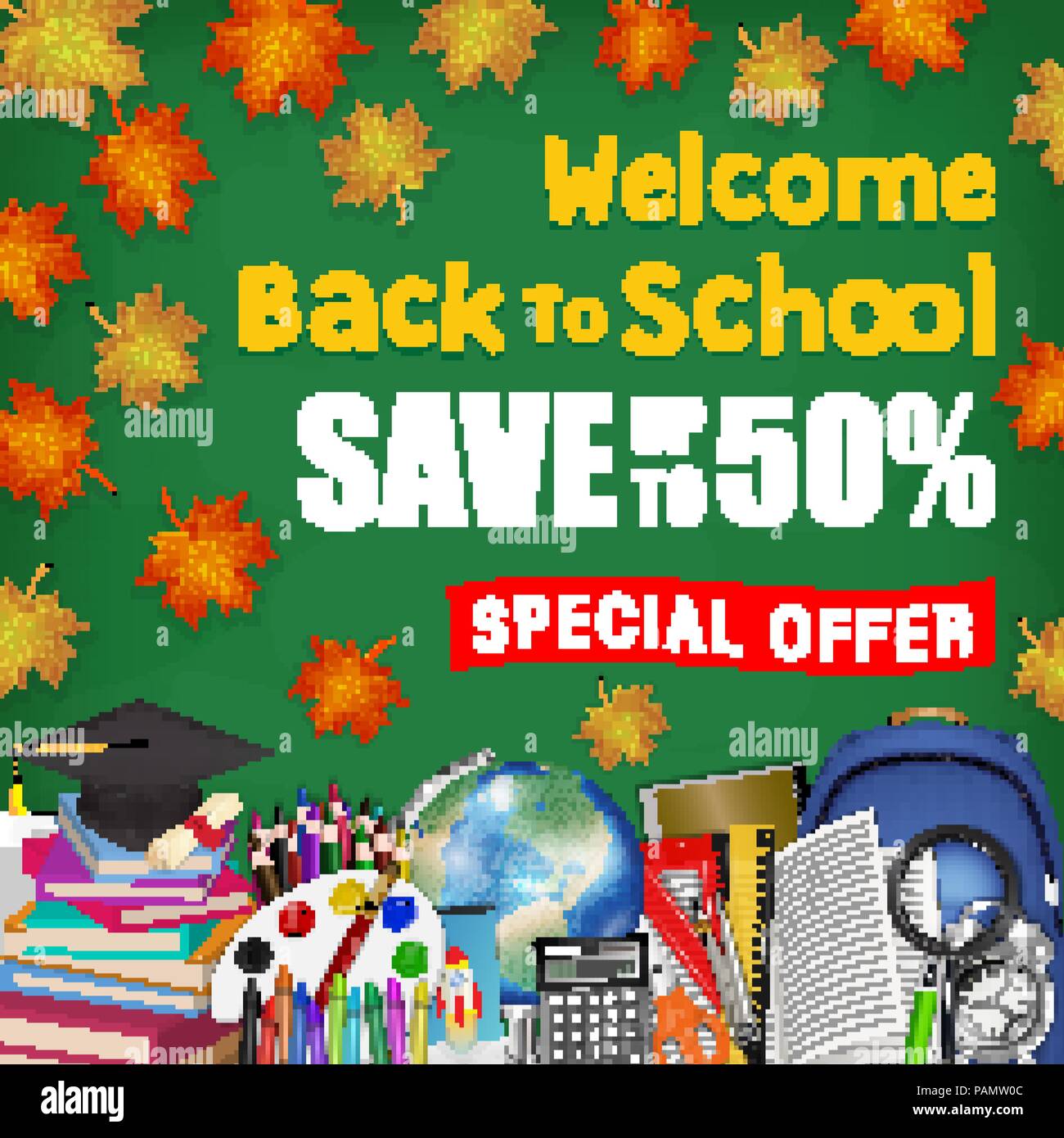 autumn leaf back to school sale with student items Stock Vector