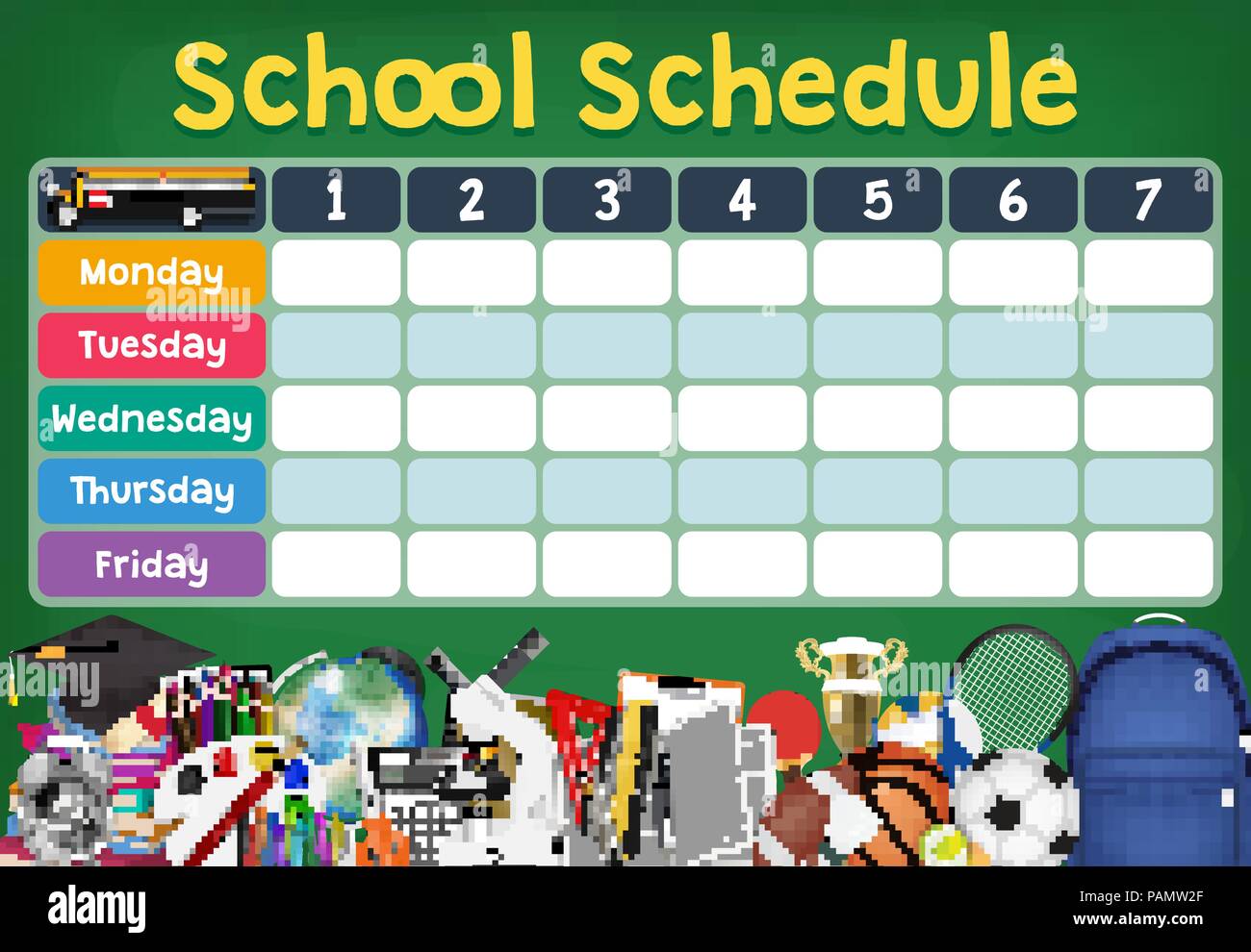 school schedule timetable with student items Stock Vector