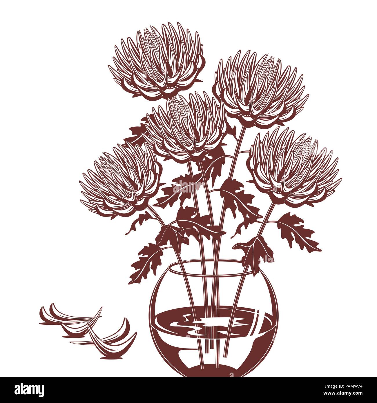 Monochrome illustration of chrysanthemums in a glass vase Stock Vector