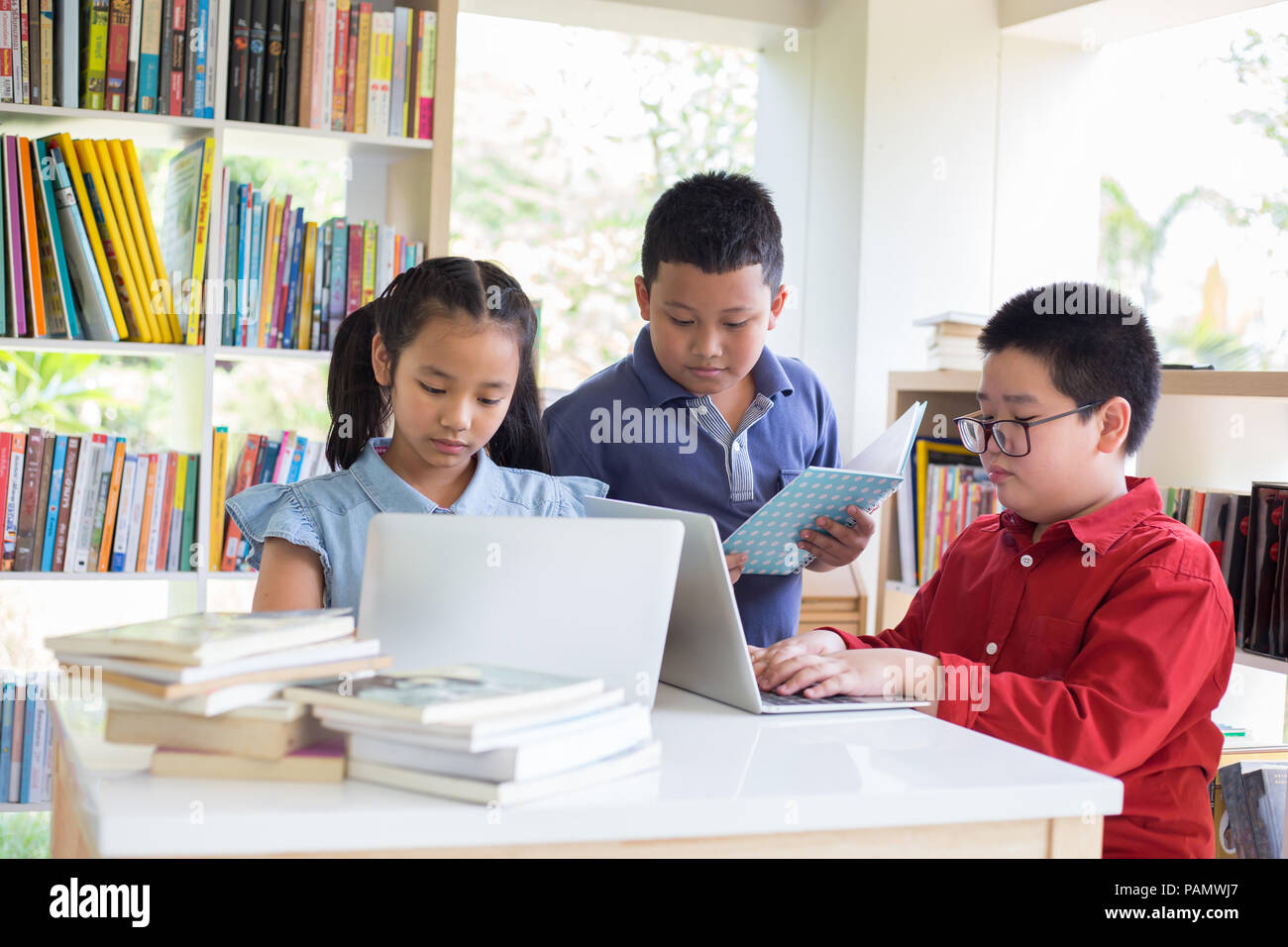 Attentive schoolkid is doing his homework in libary at school. Attentive students something in their laptop while sitting at desks in the libry. Back  Stock Photo