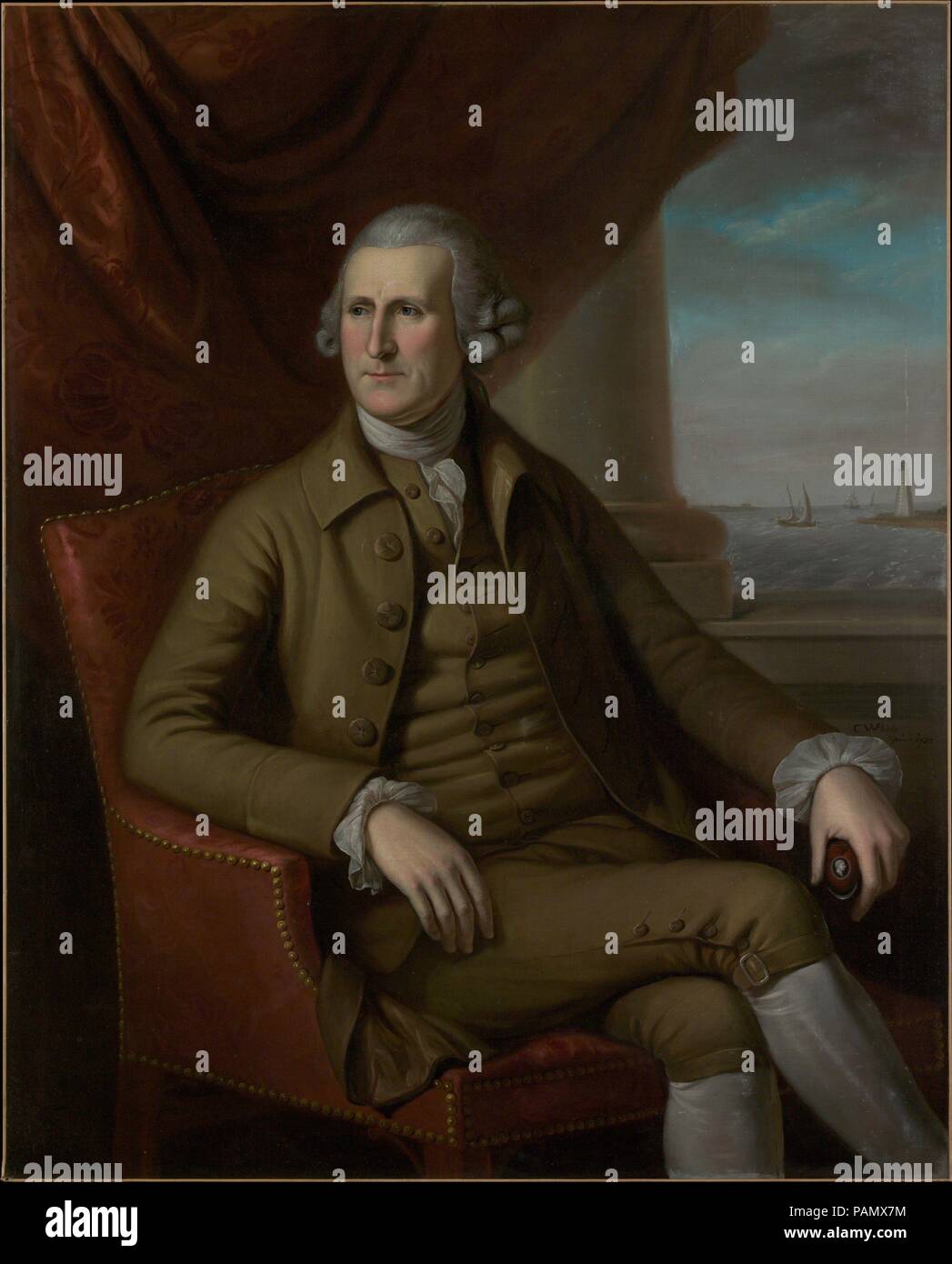 Thomas Willing. Artist: Charles Willson Peale (American, Chester, Maryland 1741-1827 Philadelphia, Pennsylvania). Dimensions: 49 1/2 x 39 3/4 in. (125.7 x 101 cm). Date: 1782.  In 1781, Thomas Willing (1731-1821) was elected head of the Bank of North America in order to raise funds for the Revolutionary cause. This portrait apparently commemorates that appointment. To the sitter's left is a view of the lighthouse in Cape Henlopen, Delaware, for the building of which he had contributed funds. Willing holds an oval Wedgwood snuffbox bearing the profile of his close friend George Washington. Muse Stock Photo