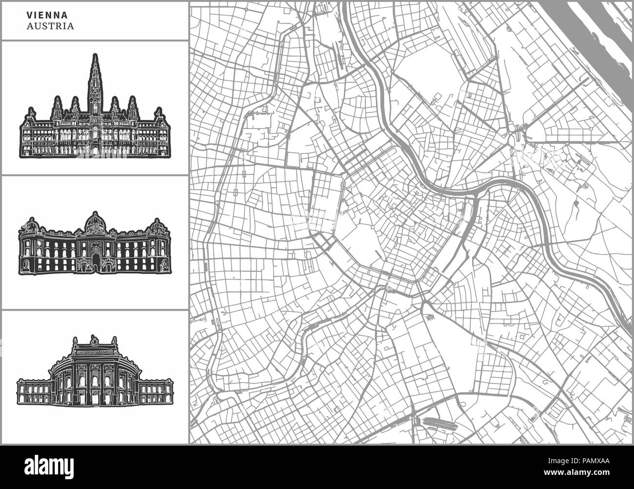 Vienna city map with hand-drawn architecture icons. All drawigns, map and background separated for easy color change. Easy repositioning in vector ver Stock Vector