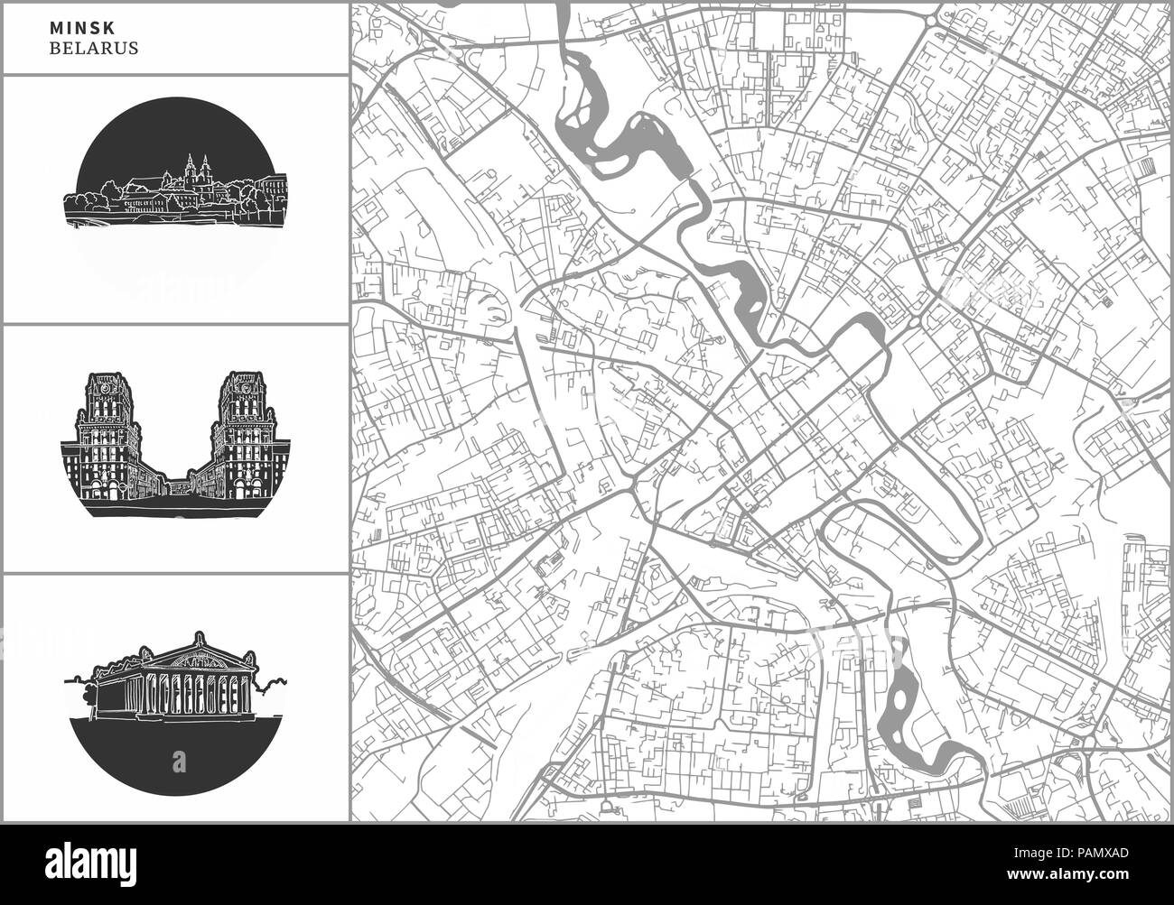 Minsk city map with hand-drawn architecture icons. All drawigns, map and background separated for easy color change. Easy repositioning in vector vers Stock Vector