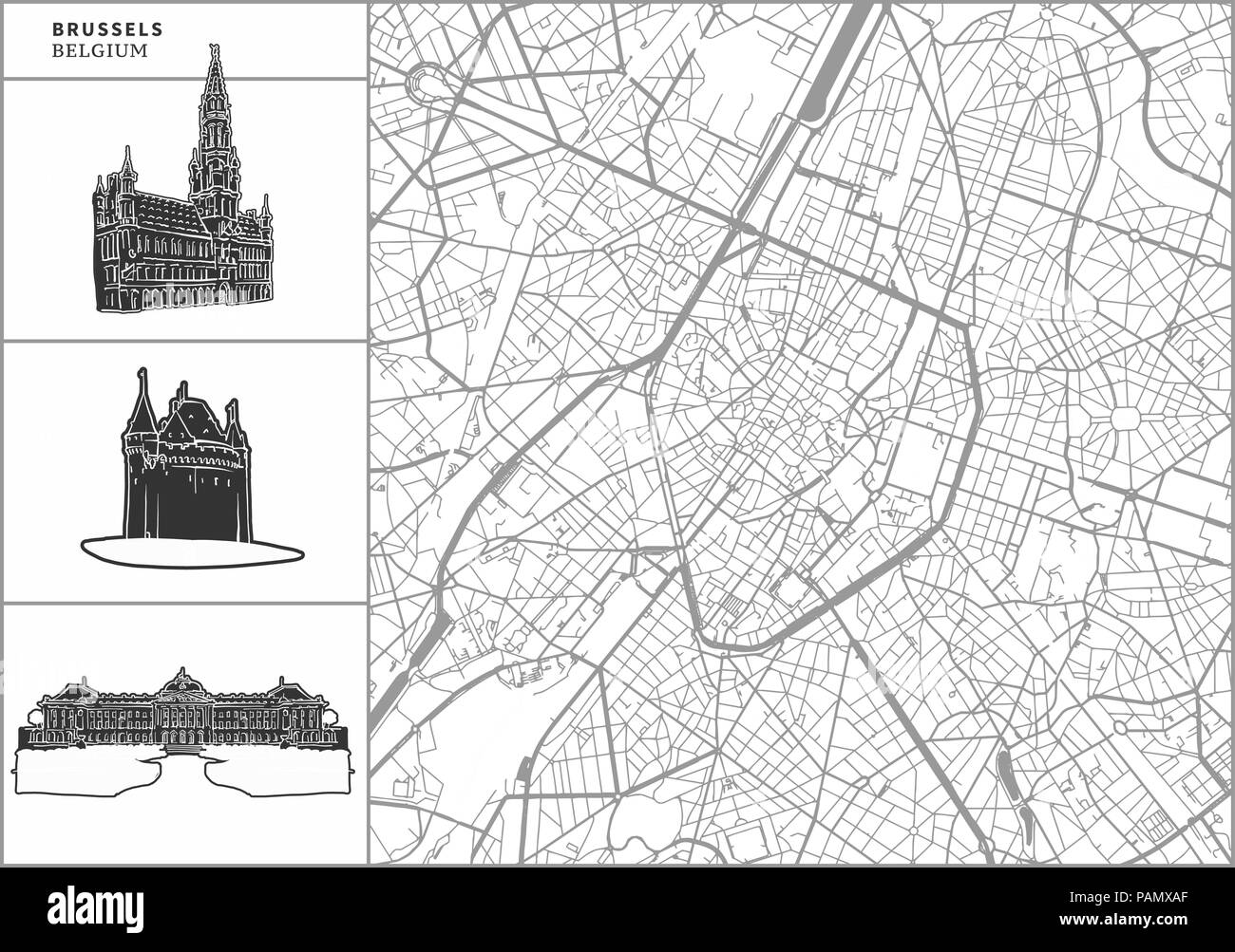 Brussels city map with hand-drawn architecture icons. All drawigns, map and background separated for easy color change. Easy repositioning in vector v Stock Vector
