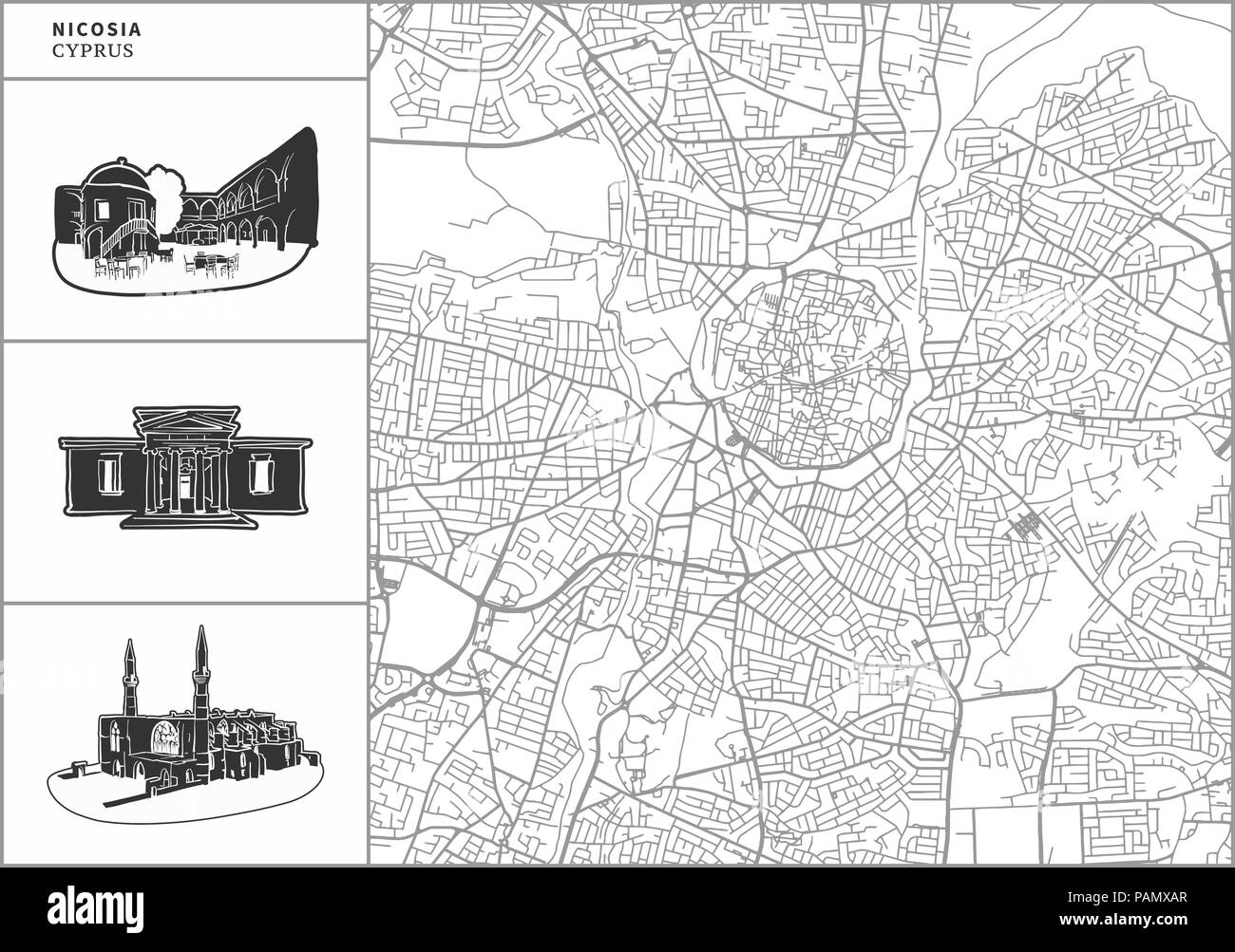 Nicosia city map with hand-drawn architecture icons. All drawigns, map and background separated for easy color change. Easy repositioning in vector ve Stock Vector