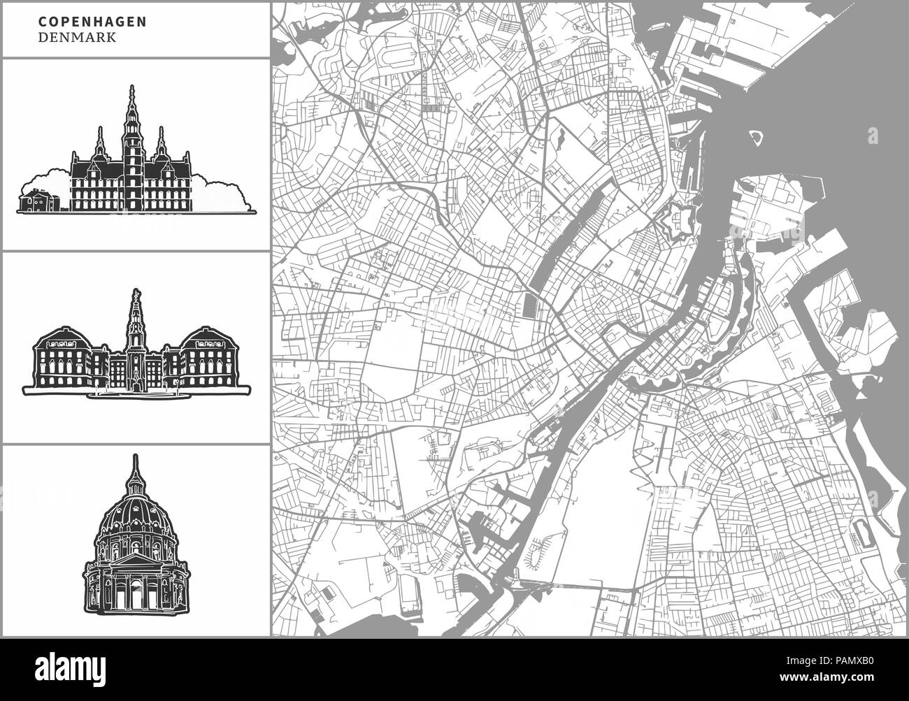 Copenhagen city map with hand-drawn architecture icons. All drawigns, map and background separated for easy color change. Easy repositioning in vector Stock Vector