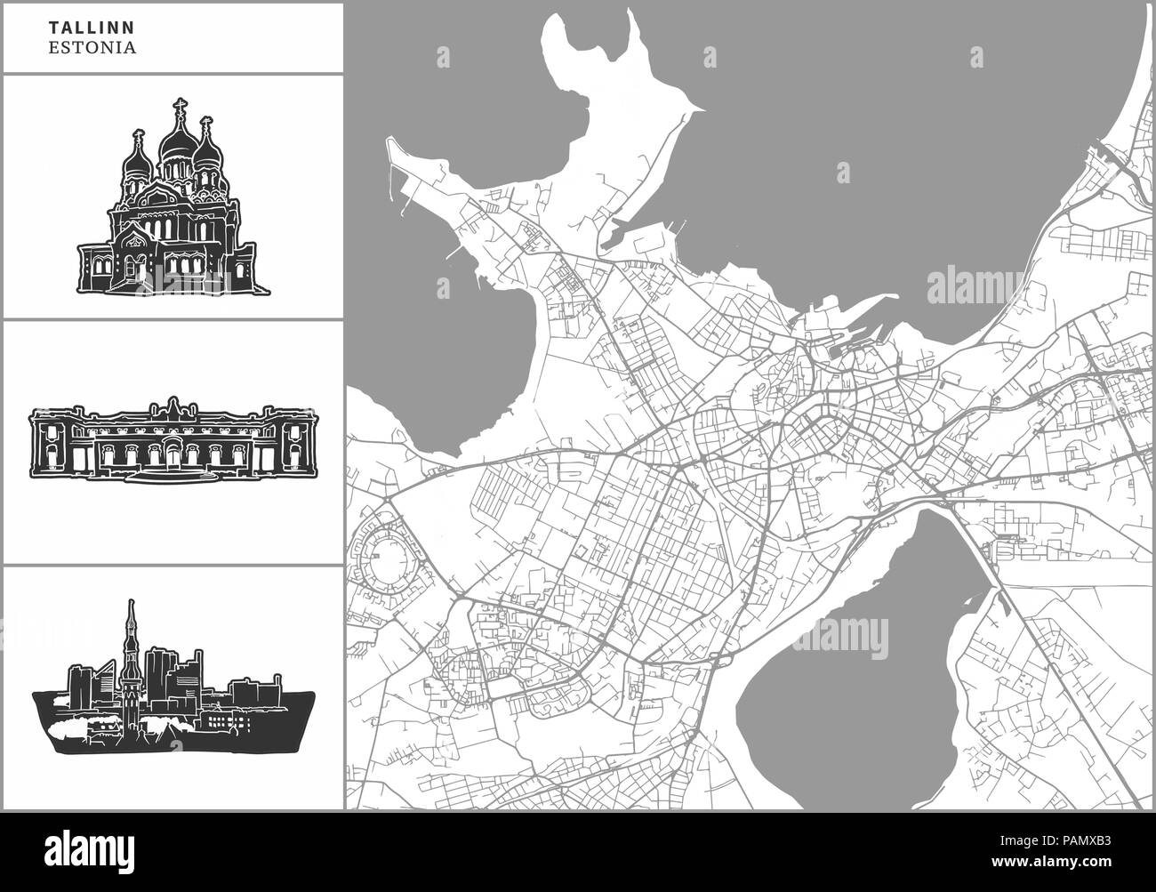 Tallinn city map with hand-drawn architecture icons. All drawigns, map and background separated for easy color change. Easy repositioning in vector ve Stock Vector