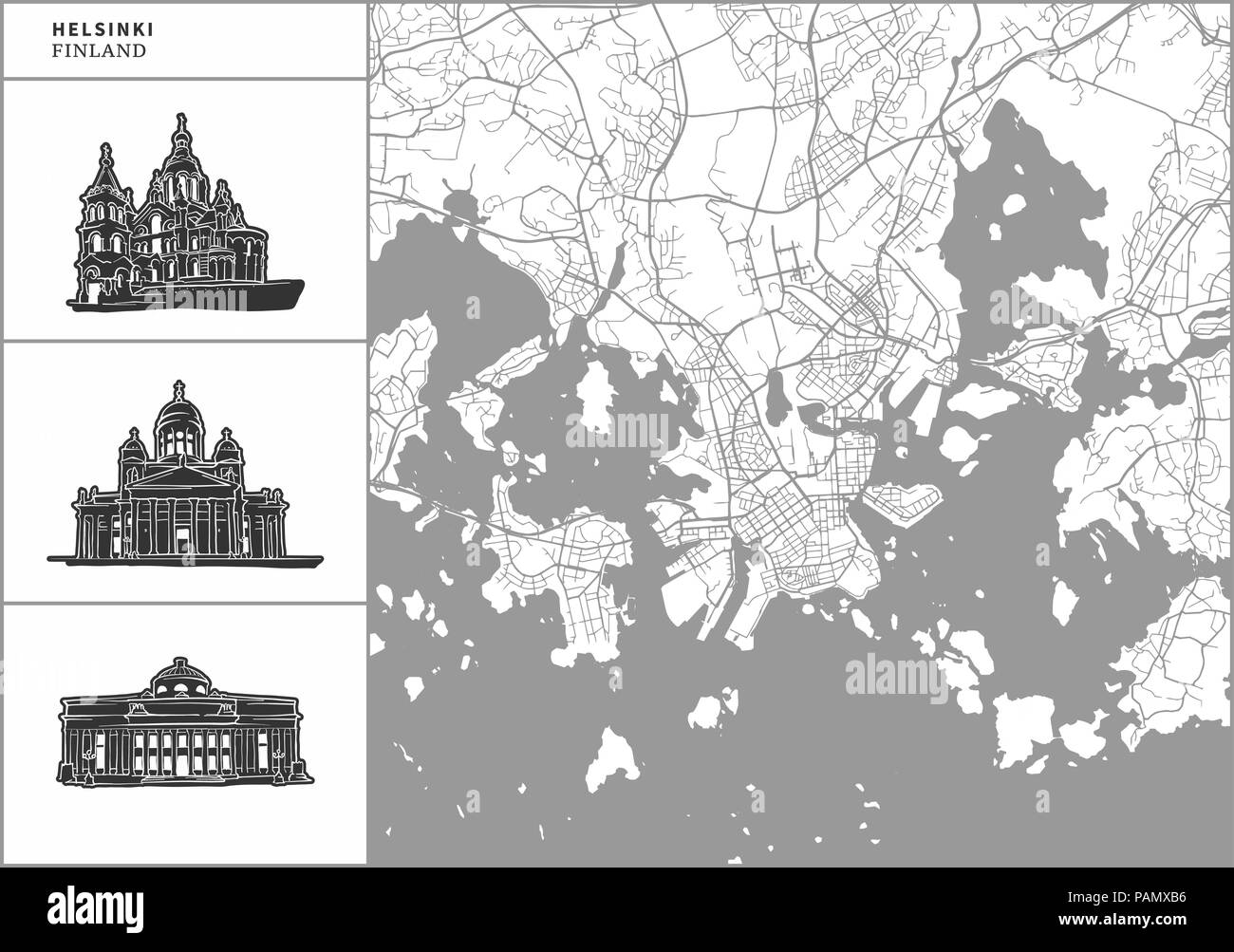 Helsinki city map with hand-drawn architecture icons. All drawigns, map and background separated for easy color change. Easy repositioning in vector v Stock Vector