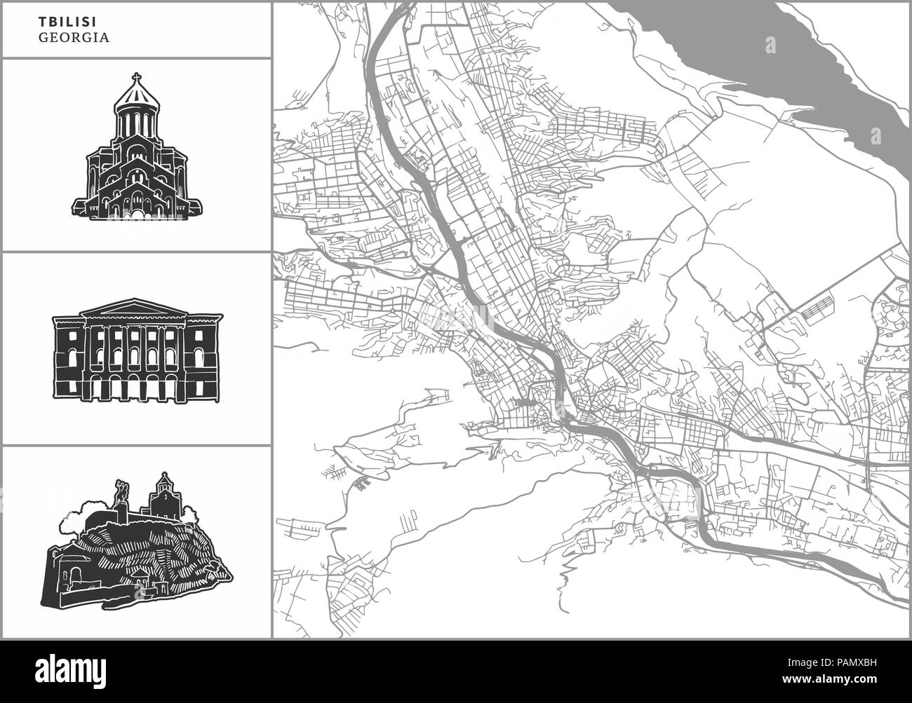 Tbilisi city map with hand-drawn architecture icons. All drawigns, map and background separated for easy color change. Easy repositioning in vector ve Stock Vector