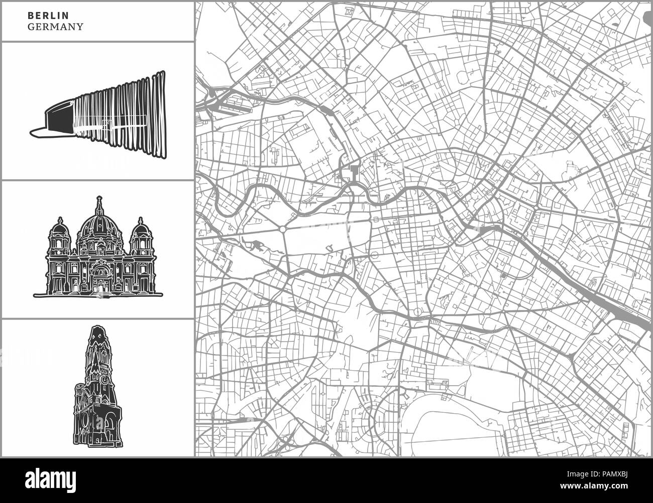 Berlin city map with hand-drawn architecture icons. All drawigns, map and background separated for easy color change. Easy repositioning in vector ver Stock Vector