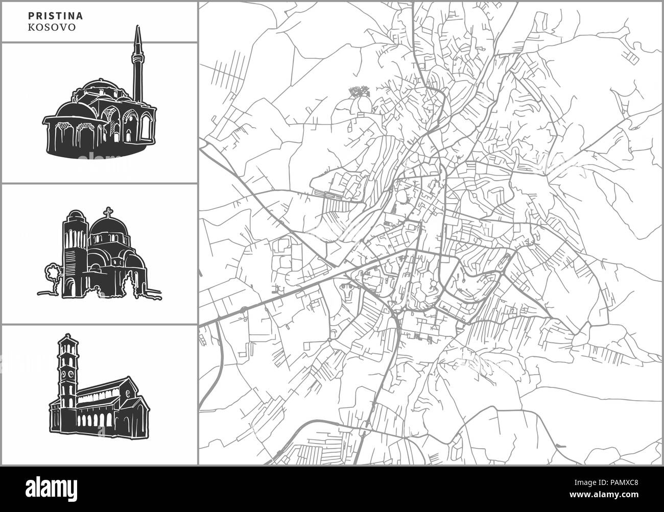 Pristina city map with hand-drawn architecture icons. All drawigns, map and background separated for easy color change. Easy repositioning in vector v Stock Vector