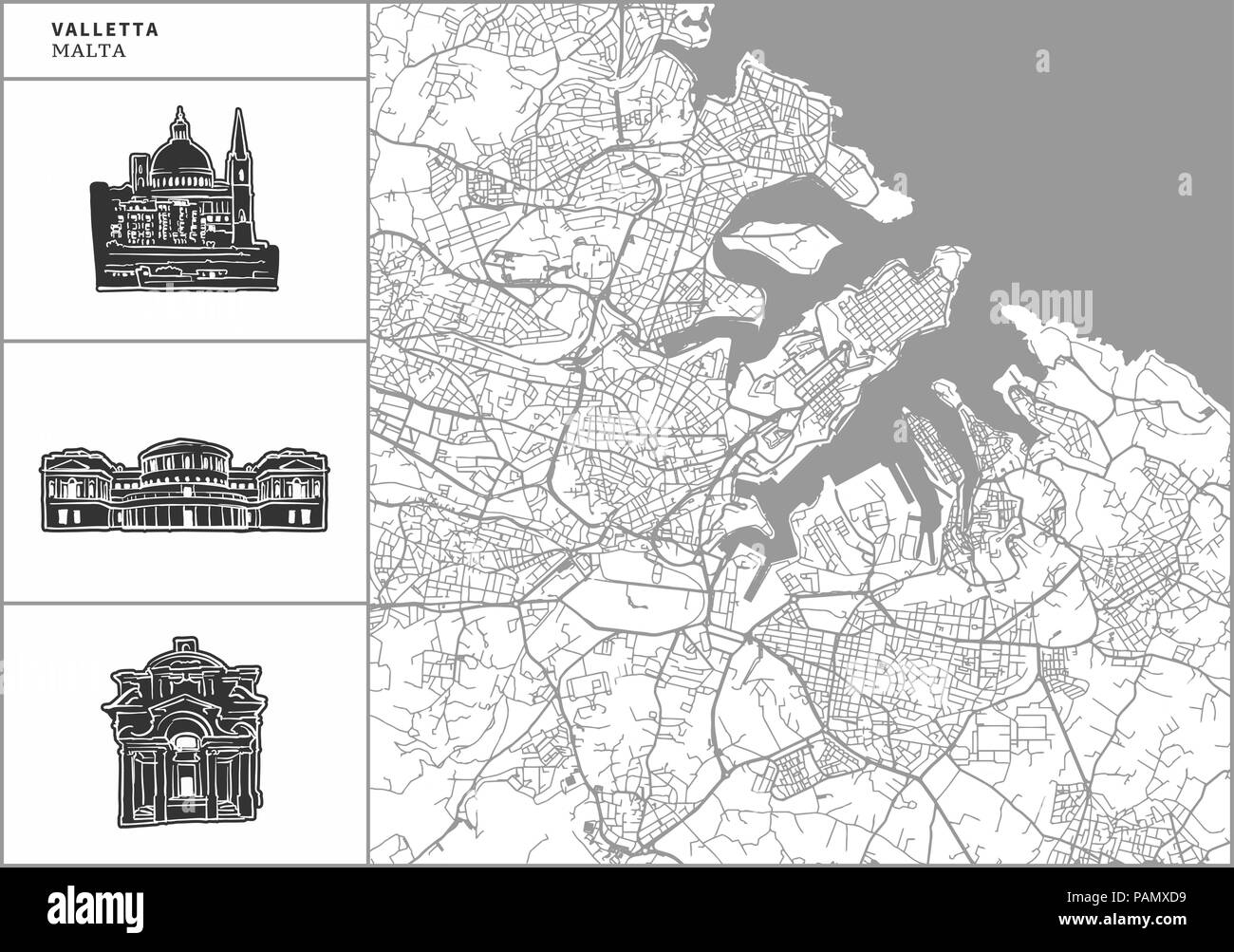 Valletta city map with hand-drawn architecture icons. All drawigns, map and background separated for easy color change. Easy repositioning in vector v Stock Vector