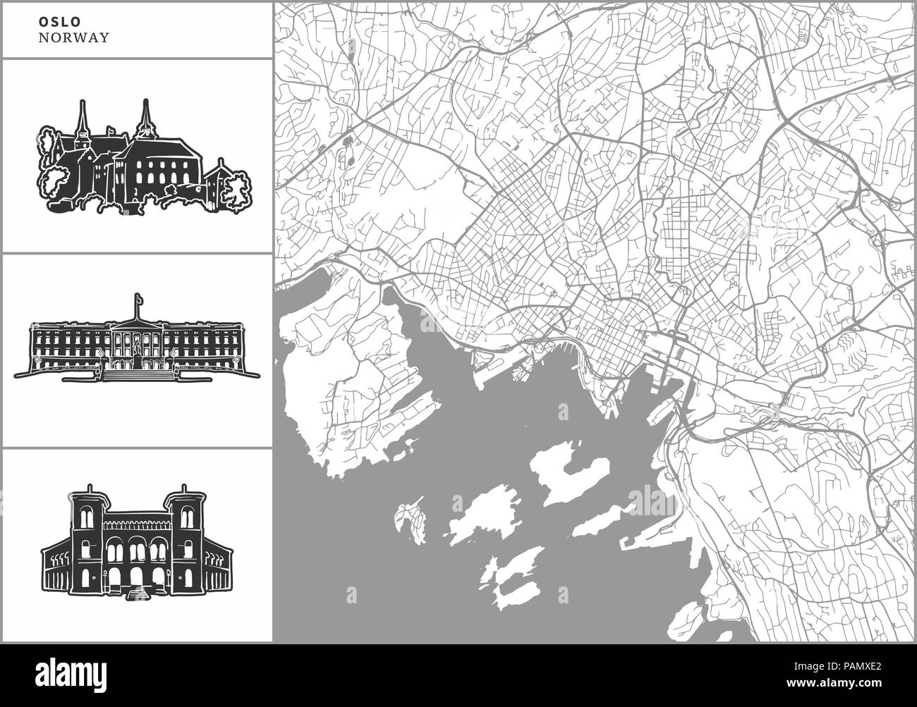Oslo city map with hand-drawn architecture icons. All drawigns, map and background separated for easy color change. Easy repositioning in vector versi Stock Vector