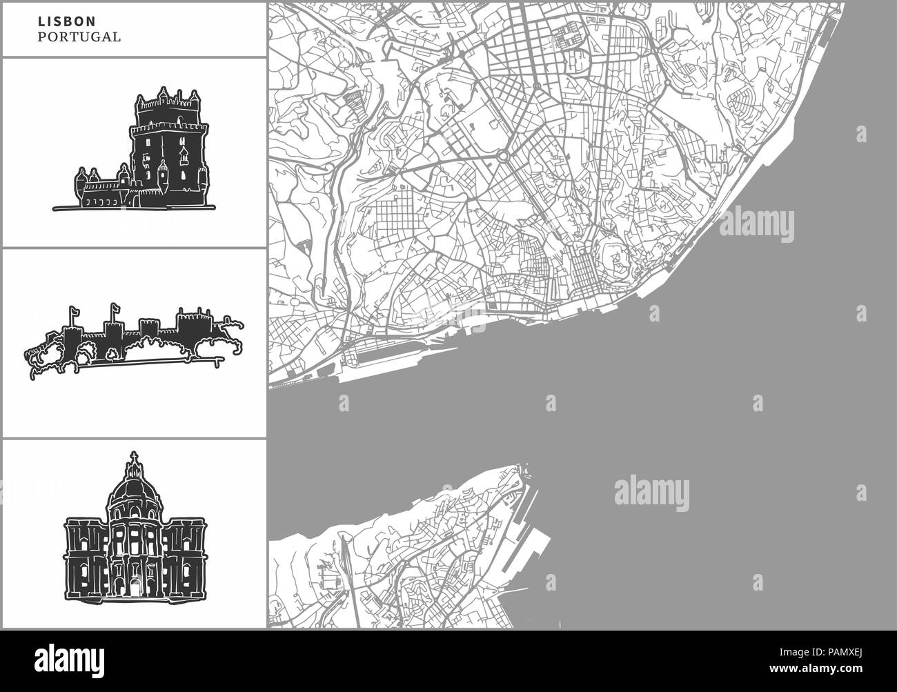 Lisbon city map with hand-drawn architecture icons. All drawigns, map and background separated for easy color change. Easy repositioning in vector ver Stock Vector