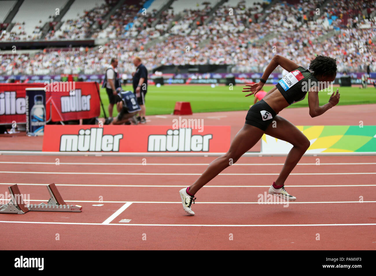 Stephenie Ann MCPHERSON (Jamaica) out of the starting blocks in the Women's 400m at the 2018, IAAF Diamond League, Olympic Park, Stratford, London, UK Stock Photo