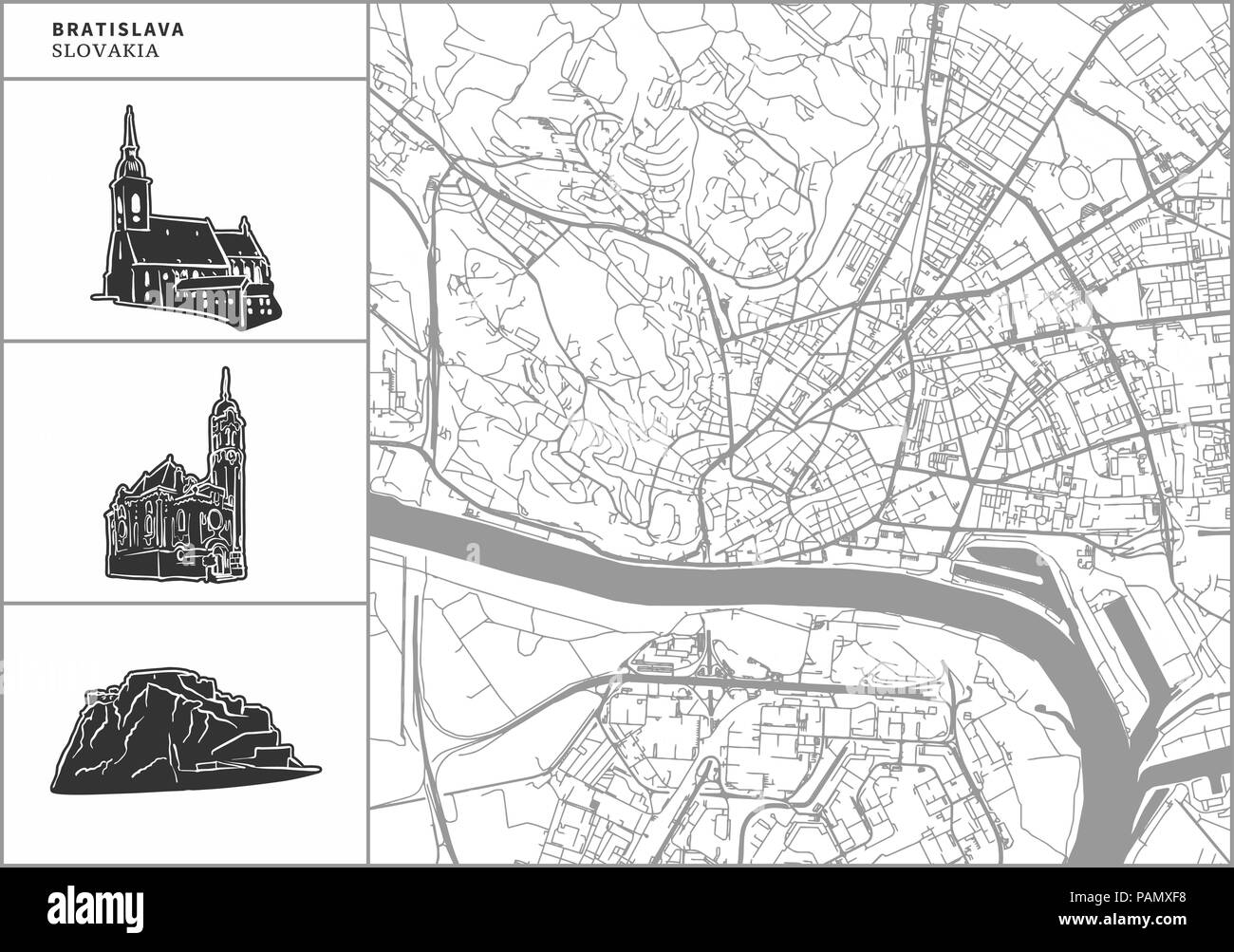 Bratislava city map with hand-drawn architecture icons. All drawigns, map and background separated for easy color change. Easy repositioning in vector Stock Vector