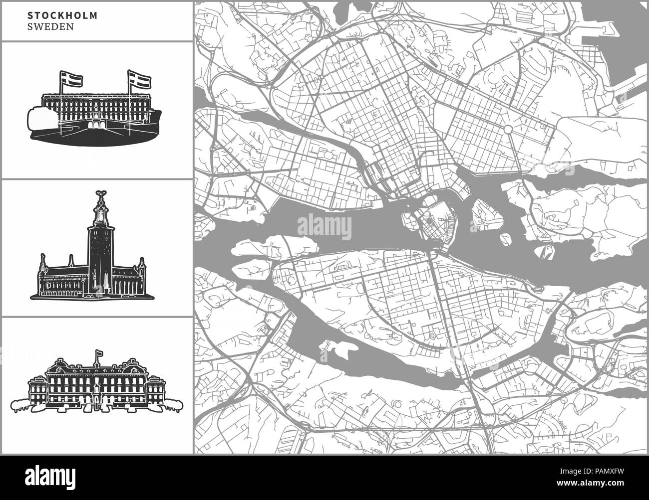 Stockholm city map with hand-drawn architecture icons. All drawigns, map and background separated for easy color change. Easy repositioning in vector  Stock Vector