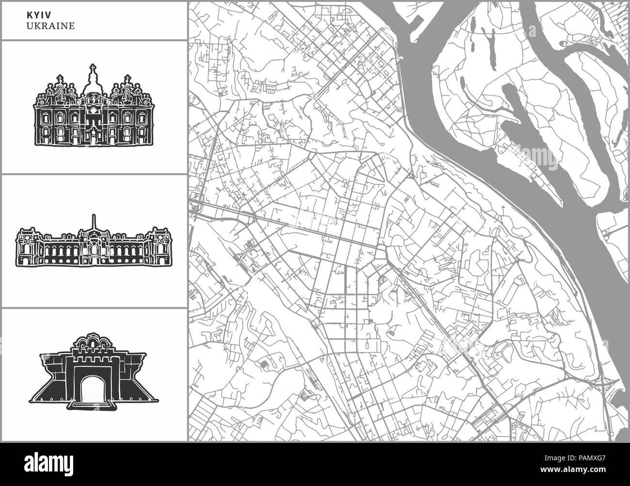 Kyiv city map with hand-drawn architecture icons. All drawigns, map and background separated for easy color change. Easy repositioning in vector versi Stock Vector