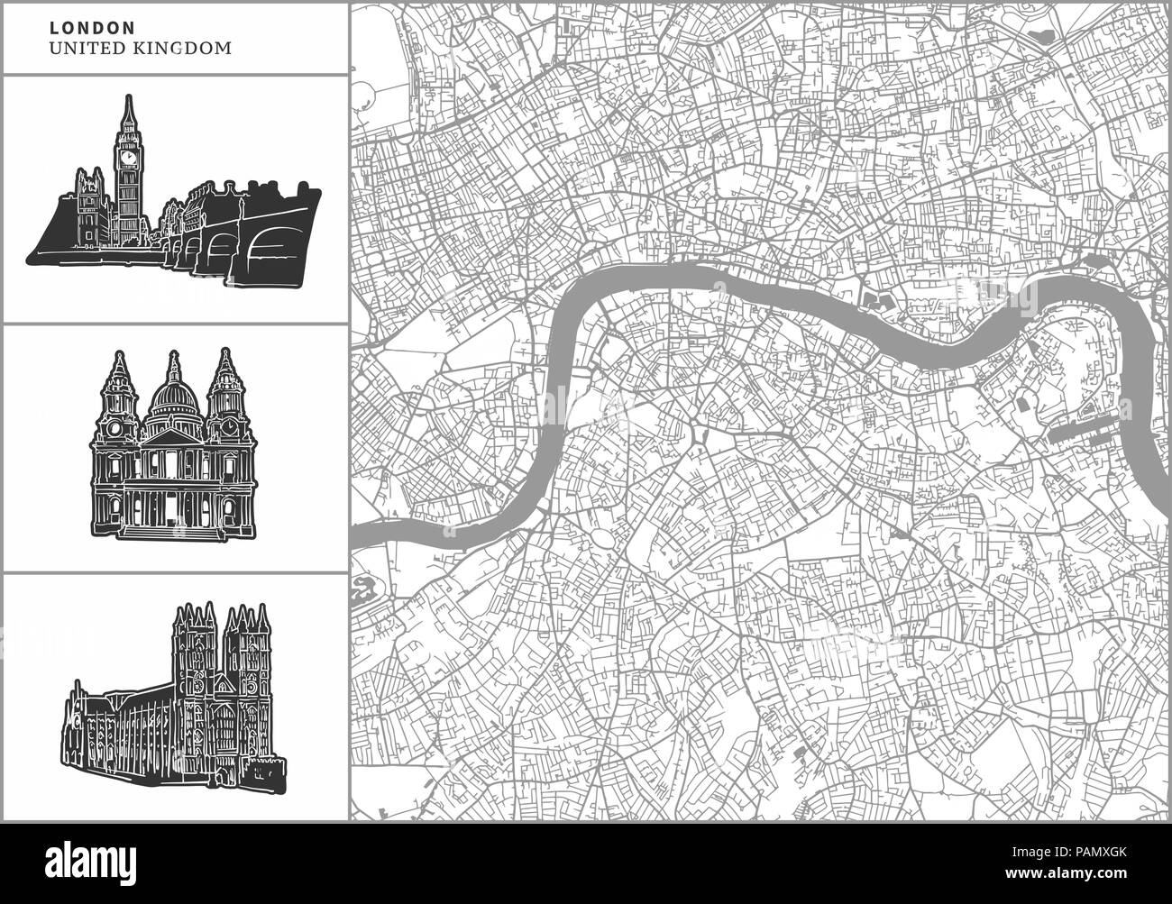 London city map with hand-drawn architecture icons. All drawigns, map and background separated for easy color change. Easy repositioning in vector ver Stock Vector