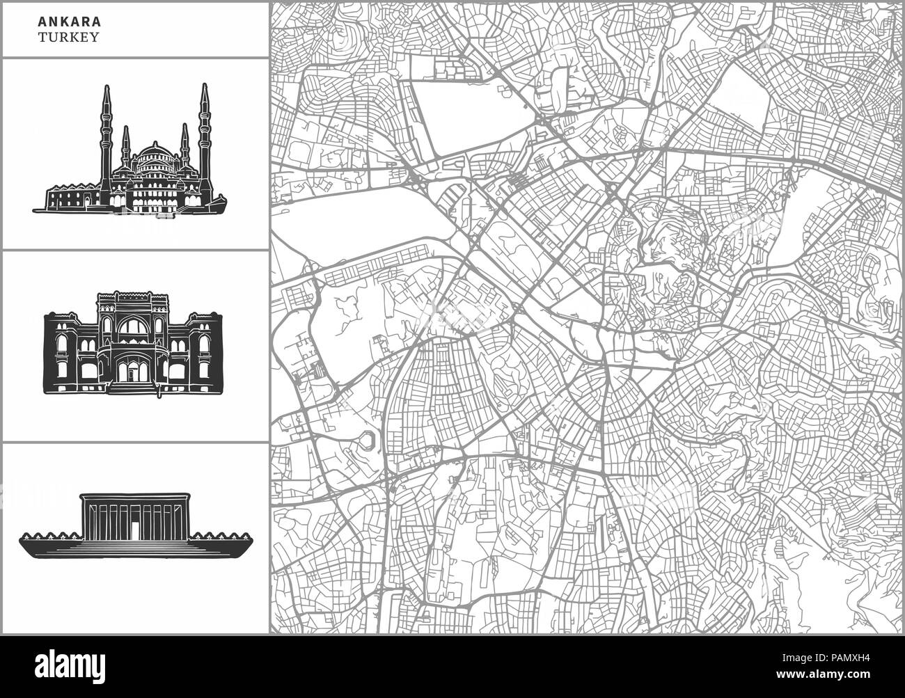Ankara city map with hand-drawn architecture icons. All drawigns, map and background separated for easy color change. Easy repositioning in vector ver Stock Vector