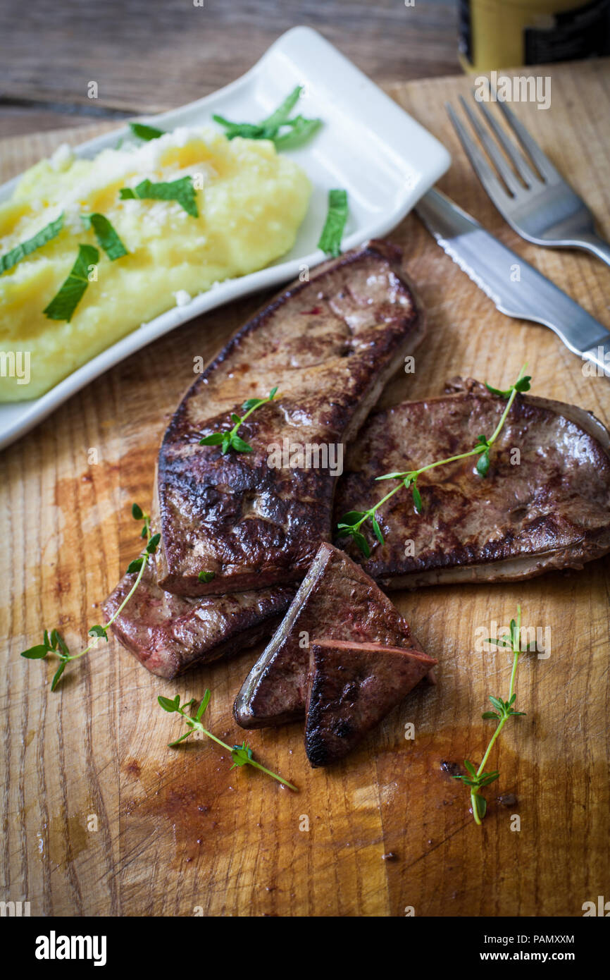 fresh veal liver with herbs and mashed potato Stock Photo Alamy