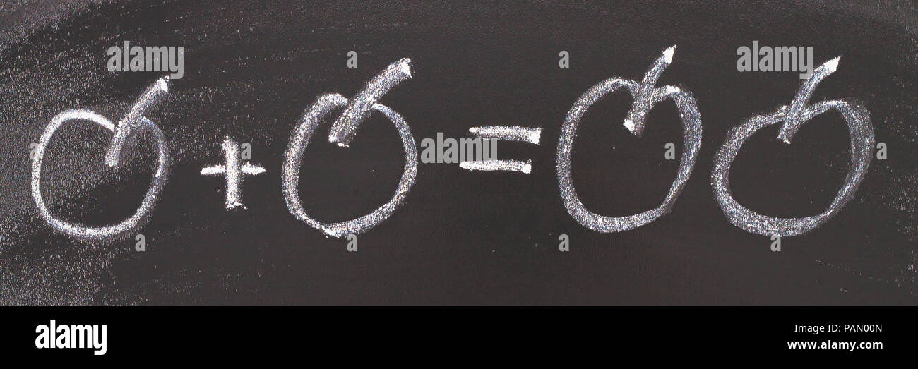 Math simple equation on chalk board. One plus One equals two Stock