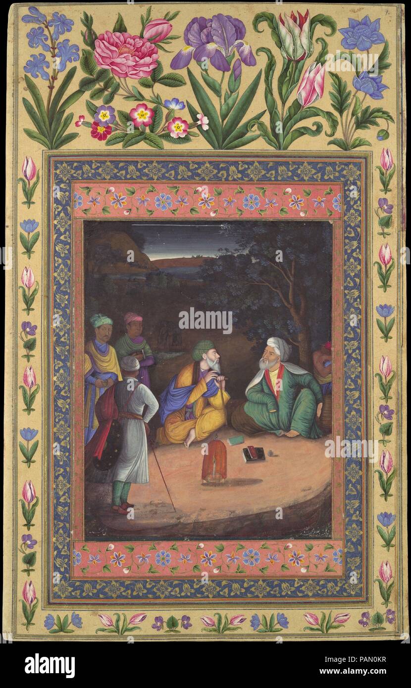 'A Nighttime Gathering', Folio from the Davis Album. Artist: Painting by Muhammad Zaman (active 1649-1700). Dimensions: Page: H. 13 1/8 in. (33.3 cm)  W.  8 1/4 in. (21 cm)  Mat:  H. 19 1/4 in. (48.9 cm)  W. 14 1/4 in. (36.2 cm). Date: dated 1664-65.  According to new research this painting by the late Safavid artist Muhammad Zaman depicts a comet streaking across the sky while two scholars and their Indian attendants confer by candlelight.  Signed and dated 'the year 7', this work may have been executed in the seventh regnal year of the Mughal emperor Aurangzeb (r. 1658-1707) and may record t Stock Photo