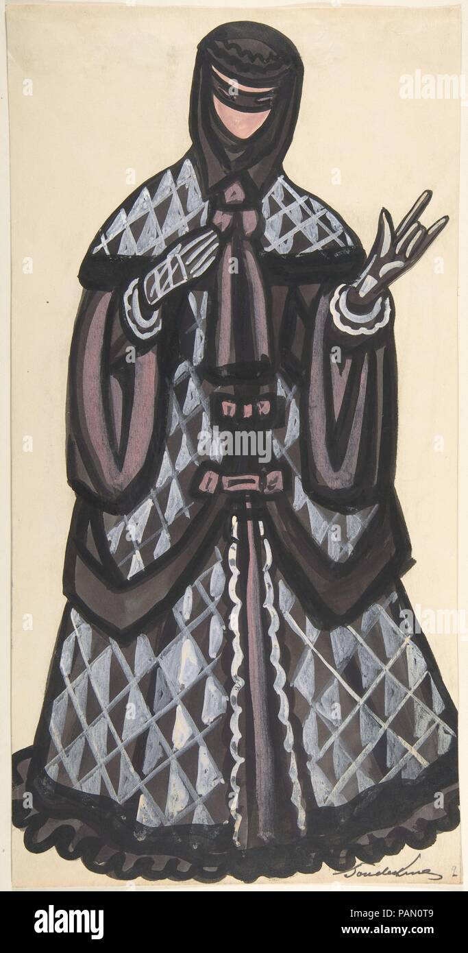 Masked Woman. Artist: Sergey Sudeykin (Russian, Smolensk 1882-1946 Nyack). Dimensions: sheet: 16 15/16 x 8 11/16 in. (43.1 x 22 cm). Date: first half 20th century.  Design for a costume for a masked woman, possible from Malta or Spain (?), one of 34 Costume designs for N. Evreinoff's play 'The Chief Thing', produced at the Theater Guild, New York City, 1926. Her costume consists of a long, black and white diamond patterned coat with wide sleeves and black, ruffled borders, over a black dress. A black scarf is tied around her head, also covering most of her face. Black and white gloves compleme Stock Photo