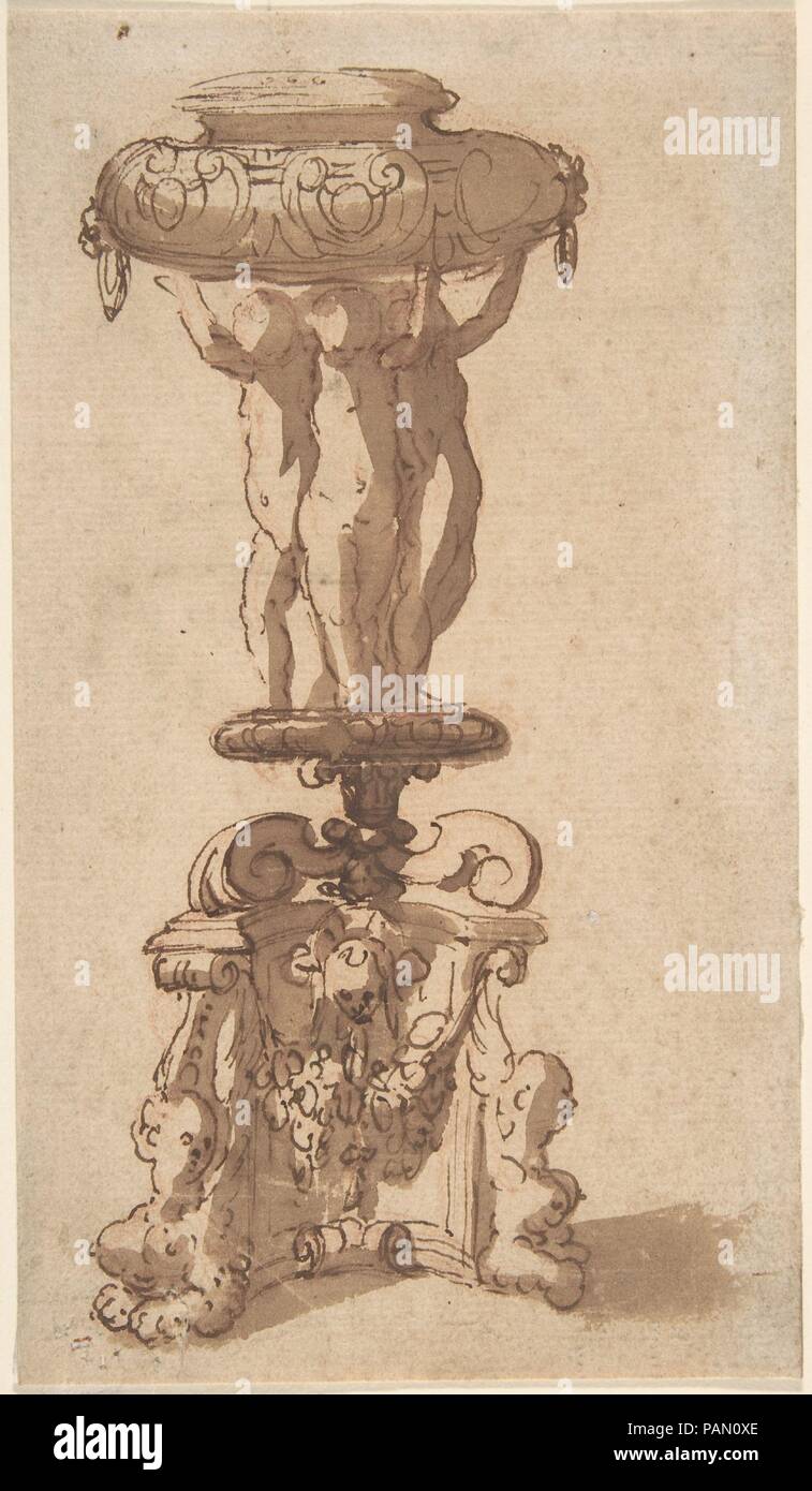 Design for an Urn, Supported by Three Children on a Piedestal with Sphinxes as Feet. Artist: Anonymous, Italian, 17th or 18th century. Dimensions: 7-3/4 x 4-1/2 in. Date: 1600-1800. Museum: Metropolitan Museum of Art, New York, USA. Stock Photo