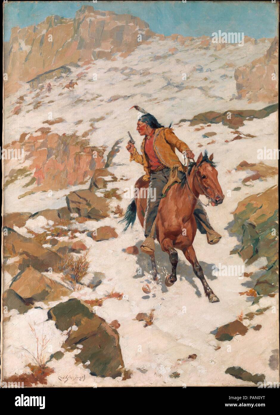 In Hot Pursuit. Artist: Charles Schreyvogel (1861-1912). Dimensions: 34 1/8 x 24 3/4in. (86.7 x 62.9cm)  Framed: 39 3/8 x 29 15/16 x 2 3/4 in. (100 x 76 x 7 cm). Date: After 1900.  This work depicts an armed American Indian on a galloping horse being pursued down a rough mountainside by several riders, who are barely visible in the distance. The instantaneous, snapshotlike view and the fact that the Indian and his mount appear to be on the verge of plunging into the viewer's space amplify the drama. To capture naturalistic effects, Schreyvogel often painted outdoors, studying his models in day Stock Photo