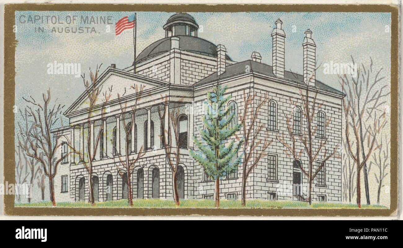 Capitol of Maine in Augusta, from the General Government and State Capitol Buildings series (N14) for Allen & Ginter Cigarettes Brands. Dimensions: Sheet: 1 1/2 x 2 3/4 in. (3.8 x 7 cm). Lithographer: The Gast Lithograph & Engraving Company (American, New York). Publisher: Issued by Allen & Ginter (American, Richmond, Virginia). Date: 1889.  Trade cards from the 'General Government and State Capitol Buildings' series (N14), issued in 1889 in a set of 50 cards to promote Allen & Ginter brand cigarettes. Museum: Metropolitan Museum of Art, New York, USA. Stock Photo