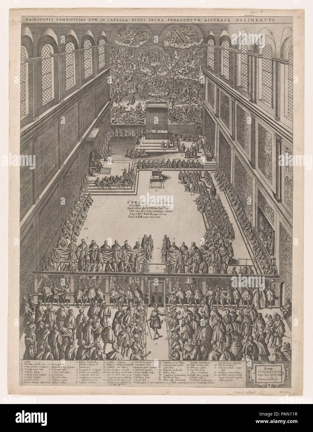 Speculum Romanae Magnificentiae: A Papal Gathering in the Sistine Chapel, Michelangelo's Last Judgement on the back wall; the crowd looks on through a screen. Artist: Giovanni Ambrogio Brambilla (Italian, active Rome, 1575-99). Dimensions: sheet: 21 1/16 x 15 9/16 in. (53.5 x 39.5 cm)  mount: 22 1/16 x 16 7/8 in. (56 x 42.8 cm). Publisher: Antonio Lafreri (French, Orgelet, Franche-Comte ca. 1512-1577 Rome). Series/Portfolio: Speculum Romanae Magnificentiae. Date: 1582.  This print comes from the museum's copy of the Speculum Romanae Magnificentiae (The Mirror of Roman Magnificence) The Speculu Stock Photo