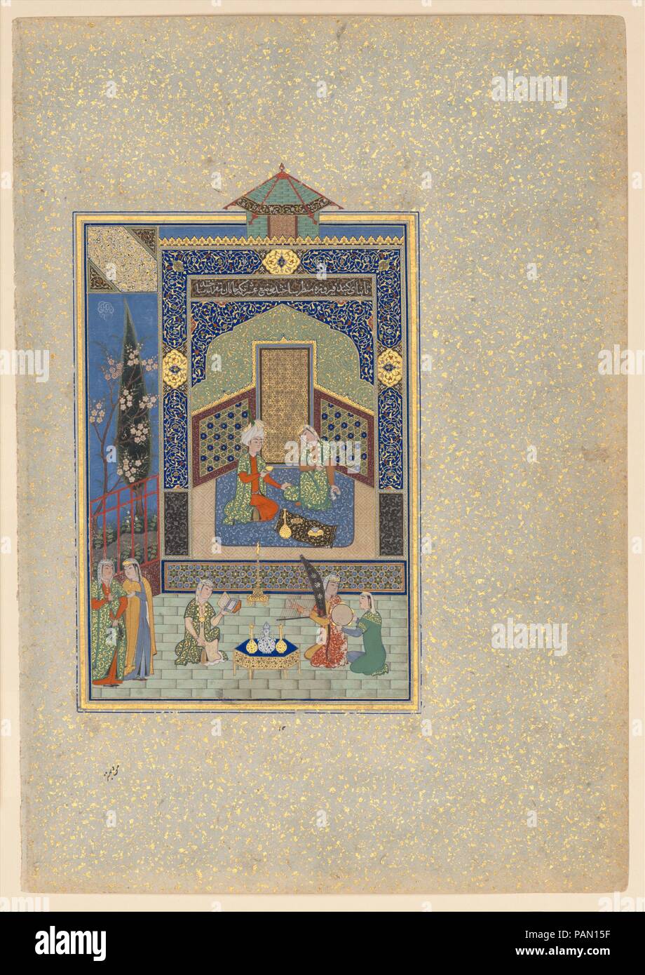 'Bahram Gur in the Turquoise Palace on Wednesday', Folio 216 from a Khamsa (Quintet) of Nizami. Artist: Painting by Shaikh Zada. Author: Nizami (Ilyas Abu Muhammad Nizam al-Din of Ganja) (probably 1141-1217). Calligrapher: Sultan Muhammad Nur (ca. 1472-ca. 1536); Mahmud Muzahhib. Dimensions: Painting: H. 7 7/8 in. (20 cm)   W.4 7/8 in. (12.4 cm)  Page: H. 12 11/16 in. (32.2 cm)  W. 8 3/4 in. (22.2 cm)  Mat: H. 19 1/4 in. (48.9 cm)   W. 14 1/4 in. (36.2 cm). Date: dated A.H. 931/A.D. 1524-25.  The fourth of the late twelfth-century Persian poet Nizami's five epic poems, later combined to form t Stock Photo