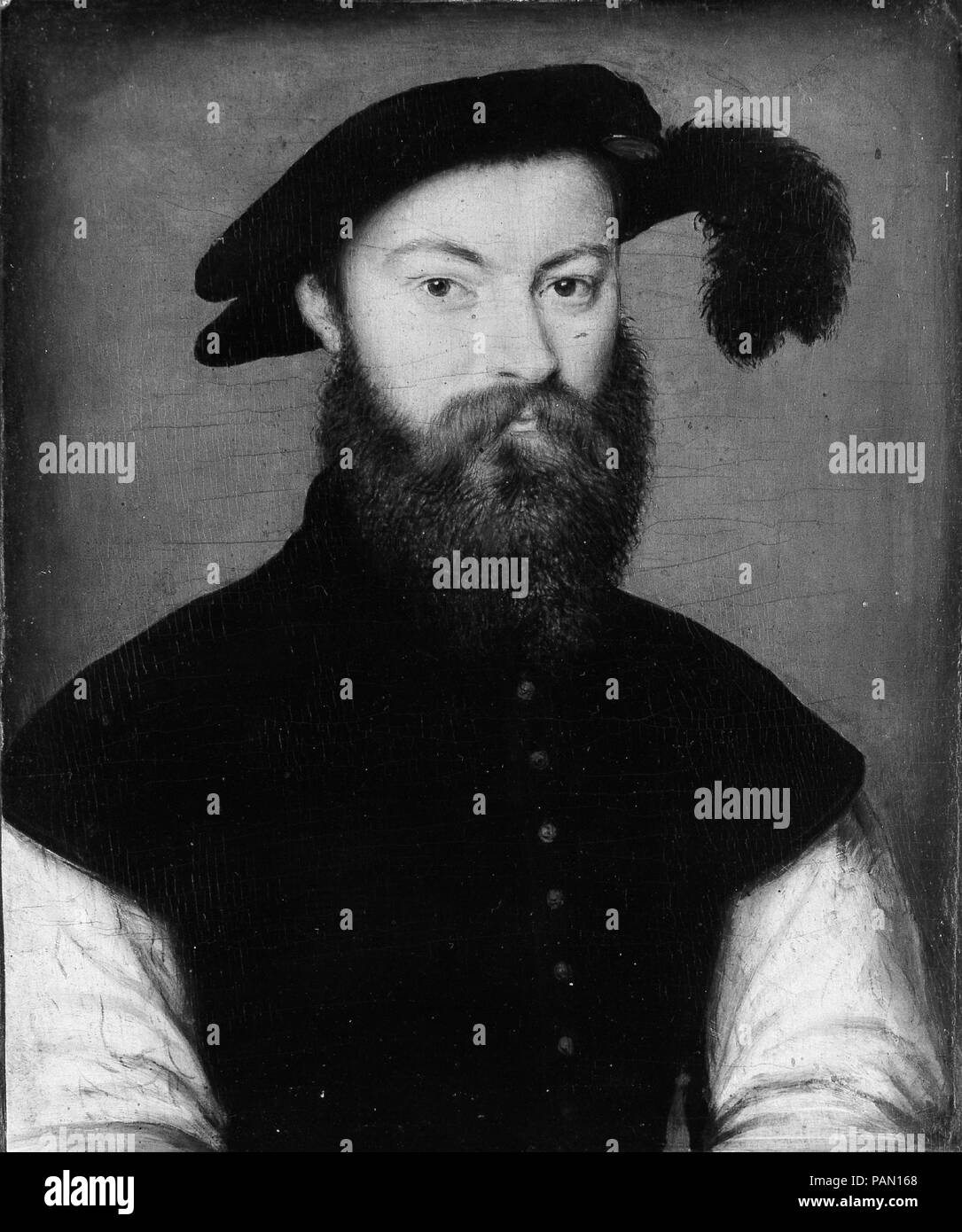 Portrait of a Man with a Black-Plumed Hat. Artist: Attributed to Corneille de Lyon (Netherlandish, The Hague, active by 1533-died 1575 Lyons). Dimensions: 7 x 5 1/2 in. (17.8 x 14 cm); with added strips, 8 1/2 x 6 in. (21.6 x 15.2 cm). Date: ca. 1535-40.  A replica of this panel is in the Museum of Fine Arts, Houston. Museum: Metropolitan Museum of Art, New York, USA. Stock Photo