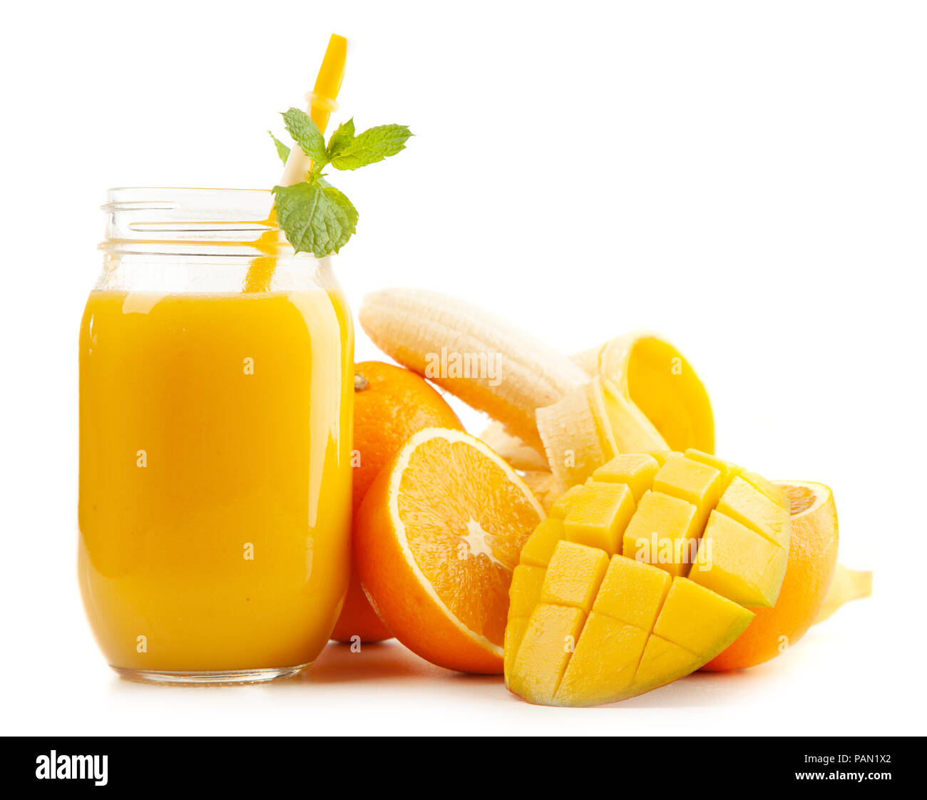 Mango banana orange smoothie on white background Stock Photo Alamy