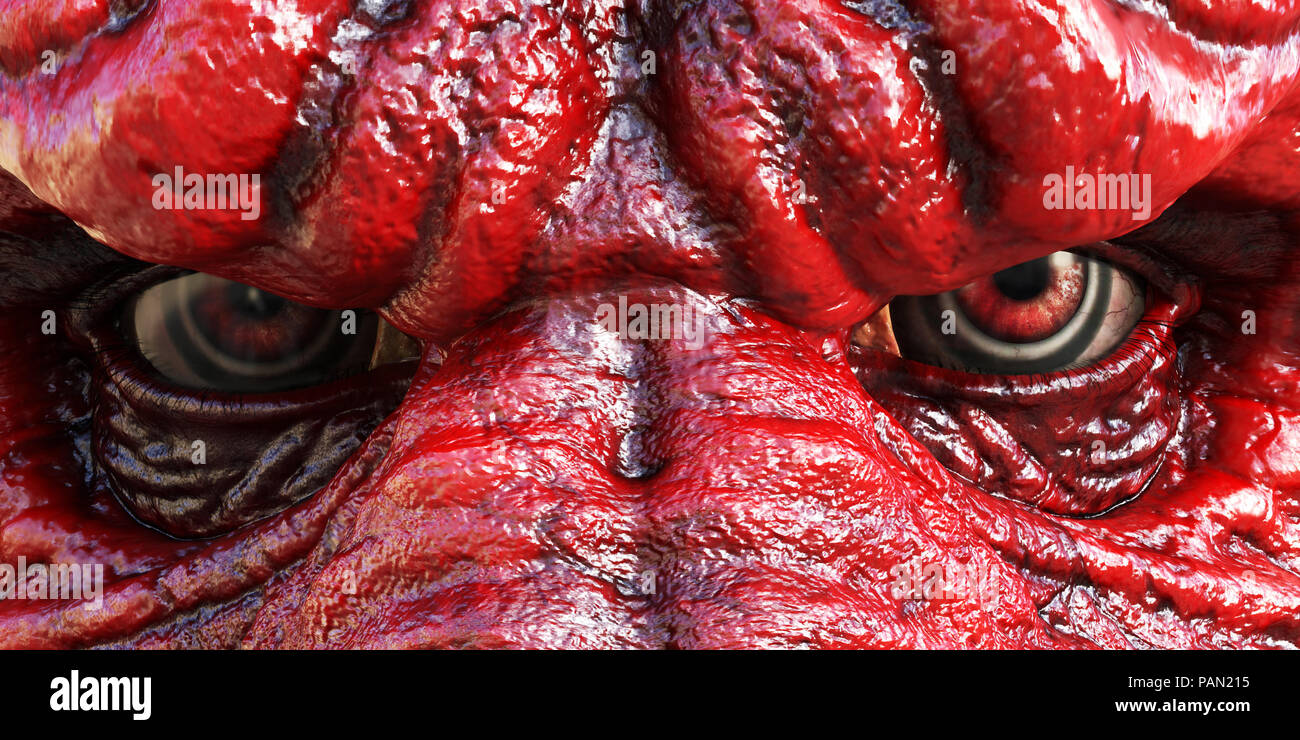 Closeup of a red devil's evil demonic eyes, 3D rendering. Stock Photo