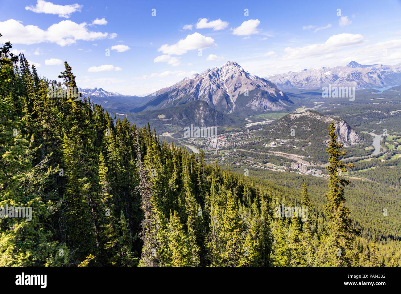 The town of Banff photographed from the Banff gondola in the Rocky Mountains, Banff, Alberta, Canada Stock Photo