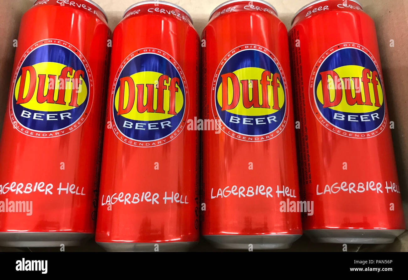 Cans of Duff Beer, red can, Lagerbier Hell Stock Photo