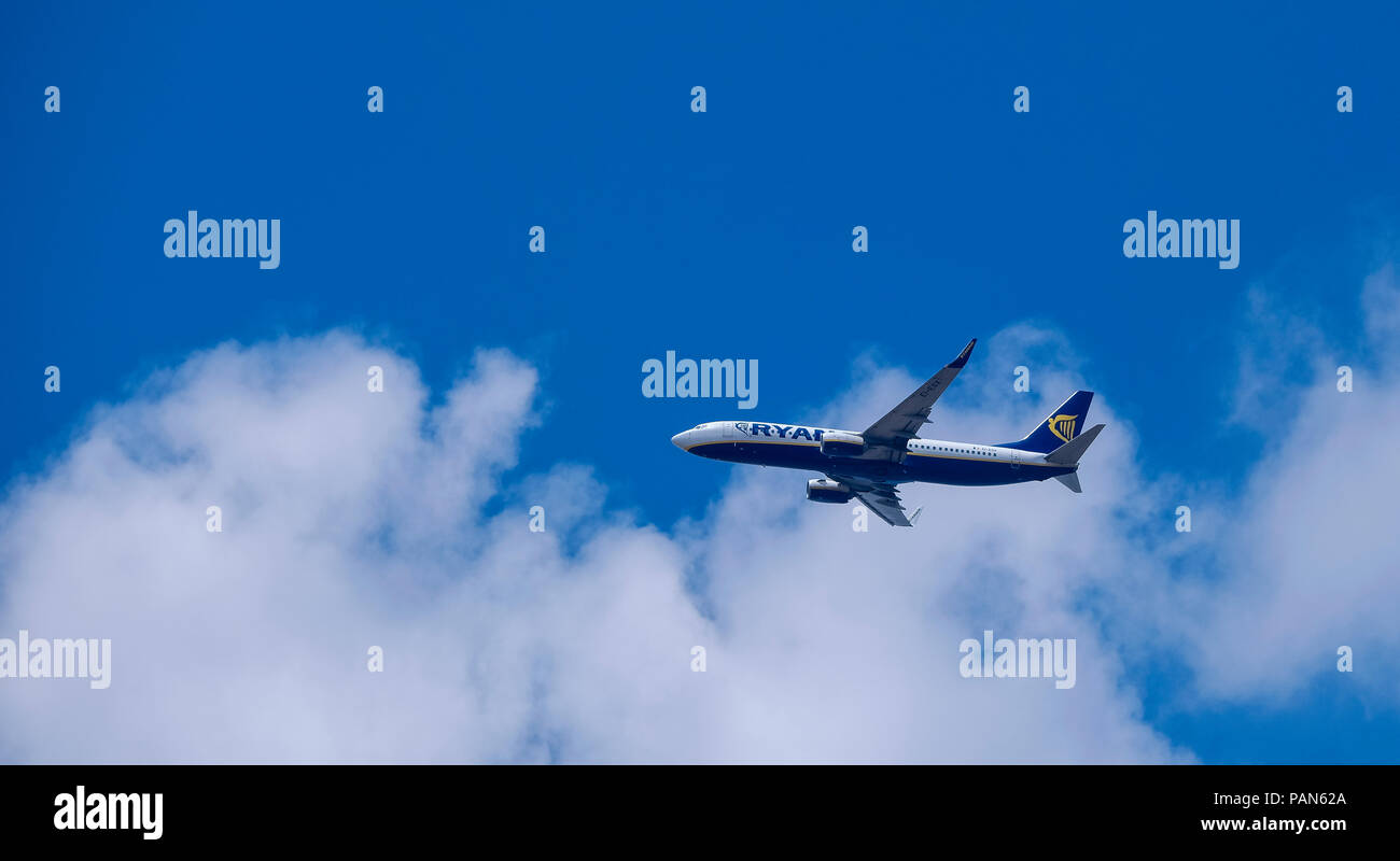 A Ryan Air jet in the skies over northern France Stock Photo