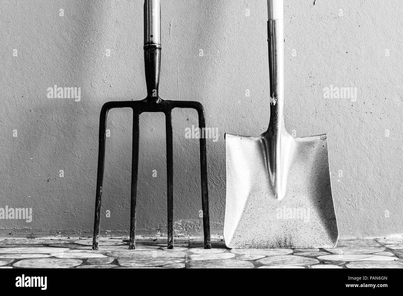 Metal Garden/Digging Fork and Spade. Isolated. Copy space for text. Stock Photo