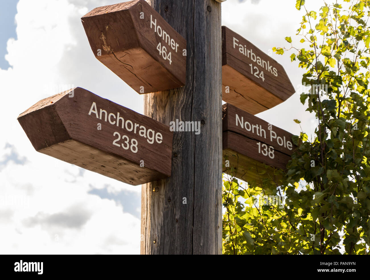 Road sign at Nenana River near Denali National Park, Alaska, USA. Mileage to Anchorage, Fairbanks, North Pole, and  Homer. Stock Photo