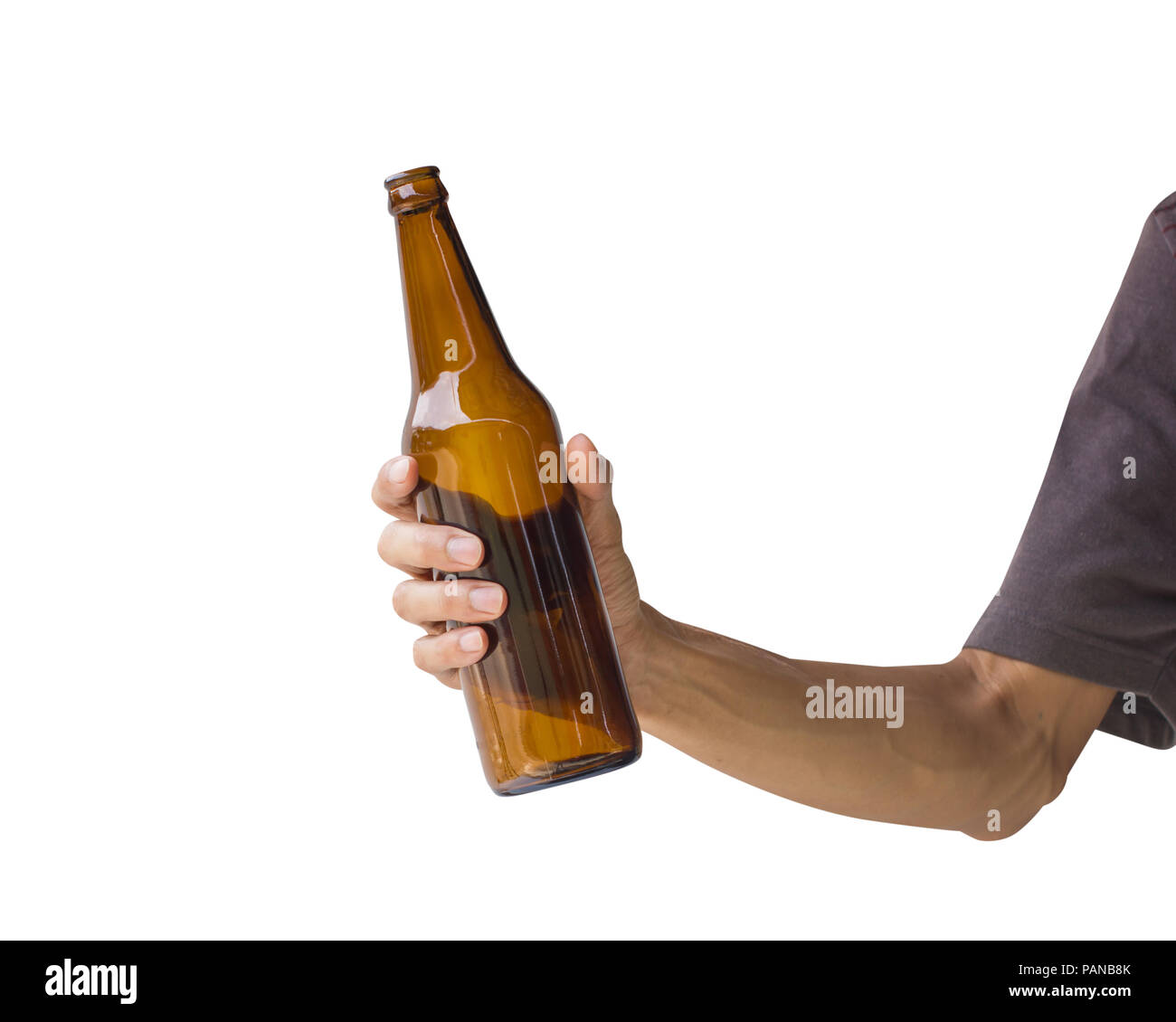 A man hand holding beer bottle isolated on white background. Clipping path of brown glass bottle on white background. Stock Photo