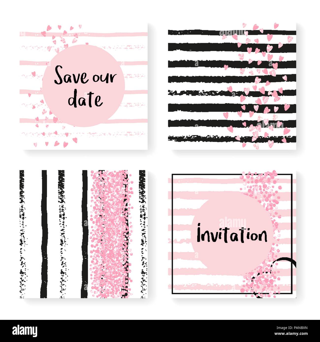 Wedding glitter confetti on stripes, invitation set Stock Vector