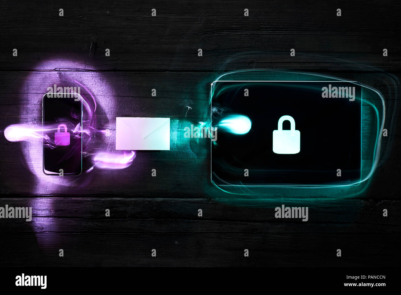 Locks on smartphone and digital tablet, data encryption Stock Photo