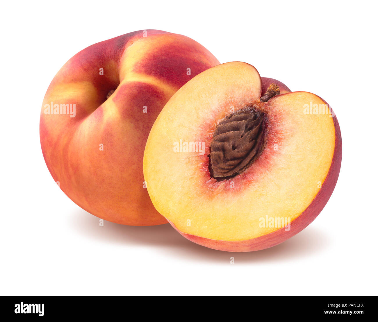 Fresh peach and half isolated on white background as package design element Stock Photo