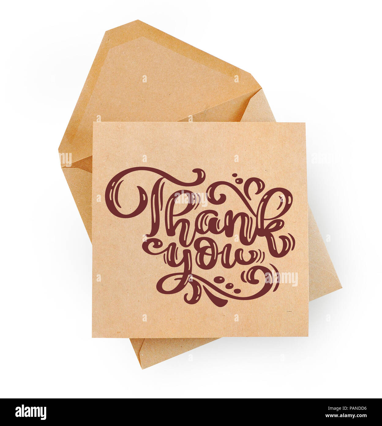 mockup brown kraft envelope document with calligraphic text Thank you isolated on white background. Lettering Thanksgiving Day. Flat lay. Top view Stock Photo