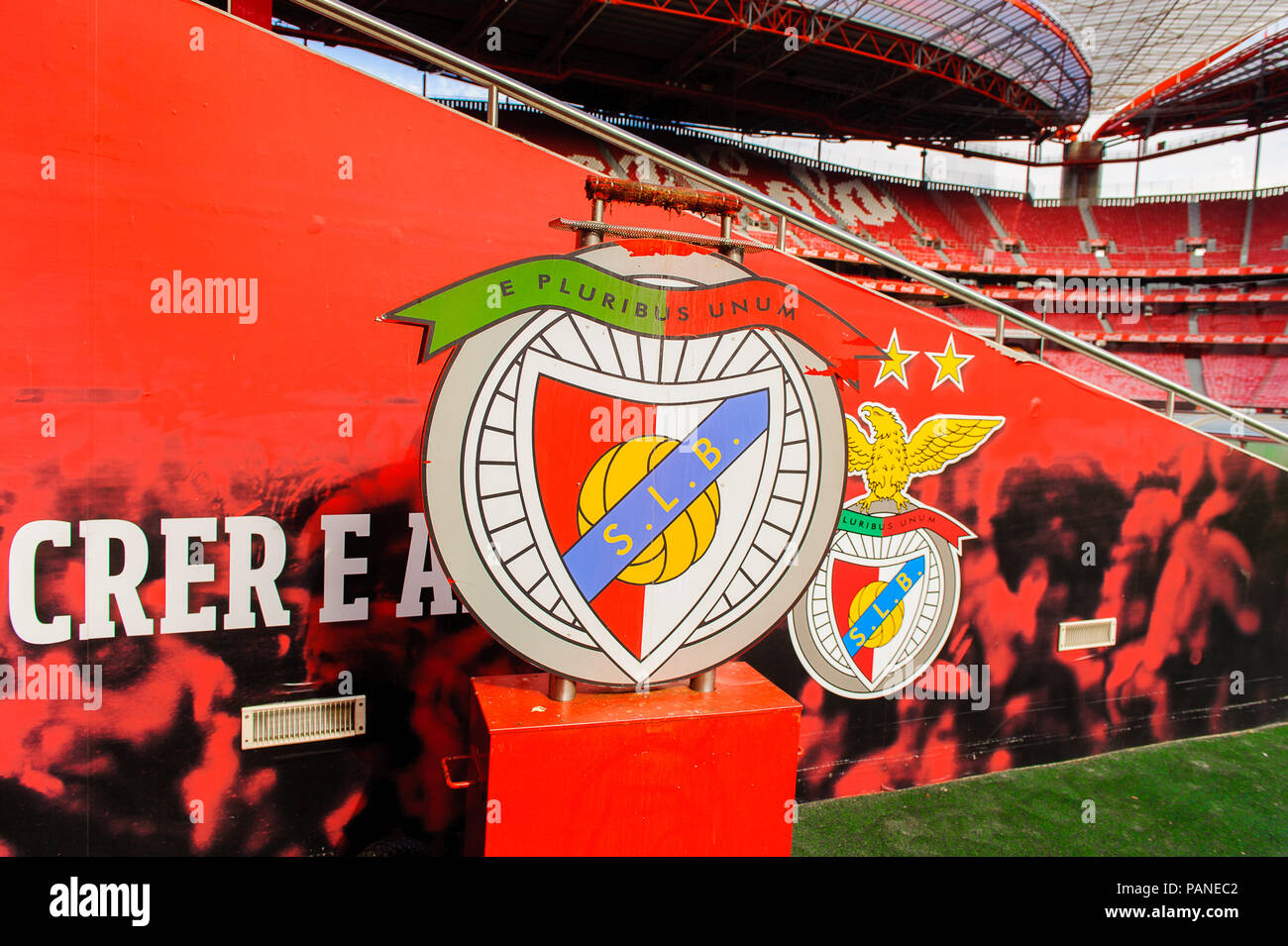 LISBON, PORTUGAL - OCT 17, 2016: Benfica logo at the Estadio da Luz (Stadium of Light), home stadium for the S.L. Benfica. It was built for the EURO 2 Stock Photo