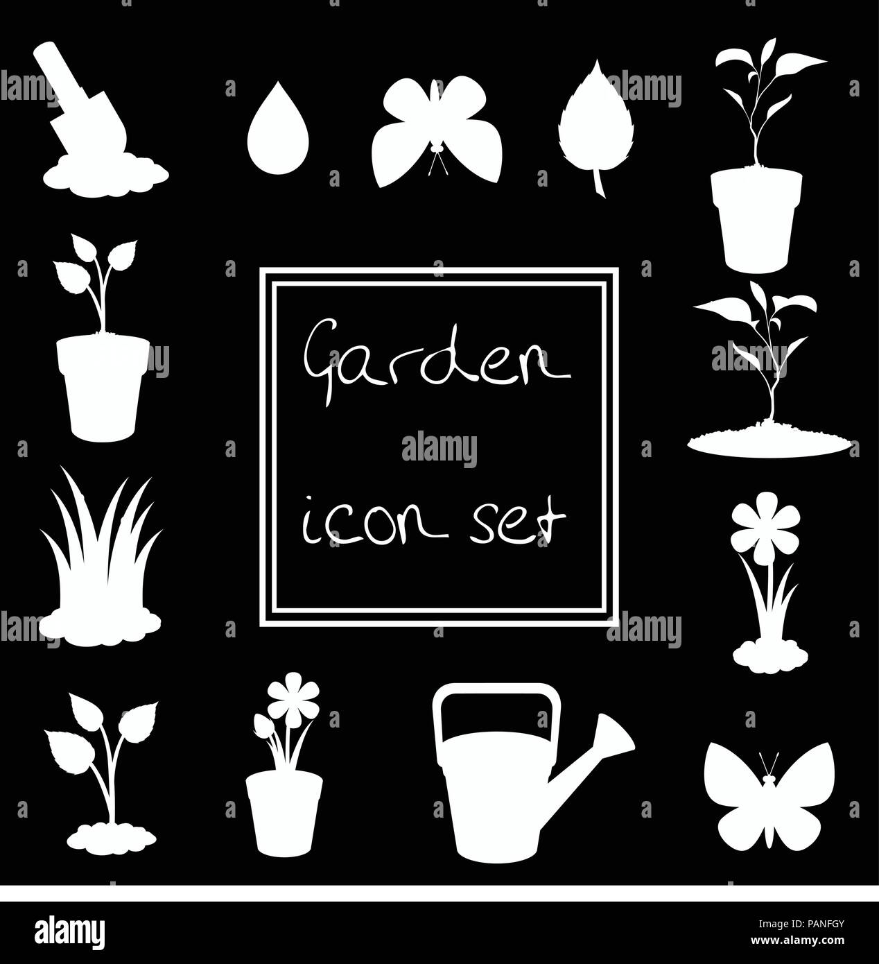 White gardening icon set isolated on black background . Monochrome ...
