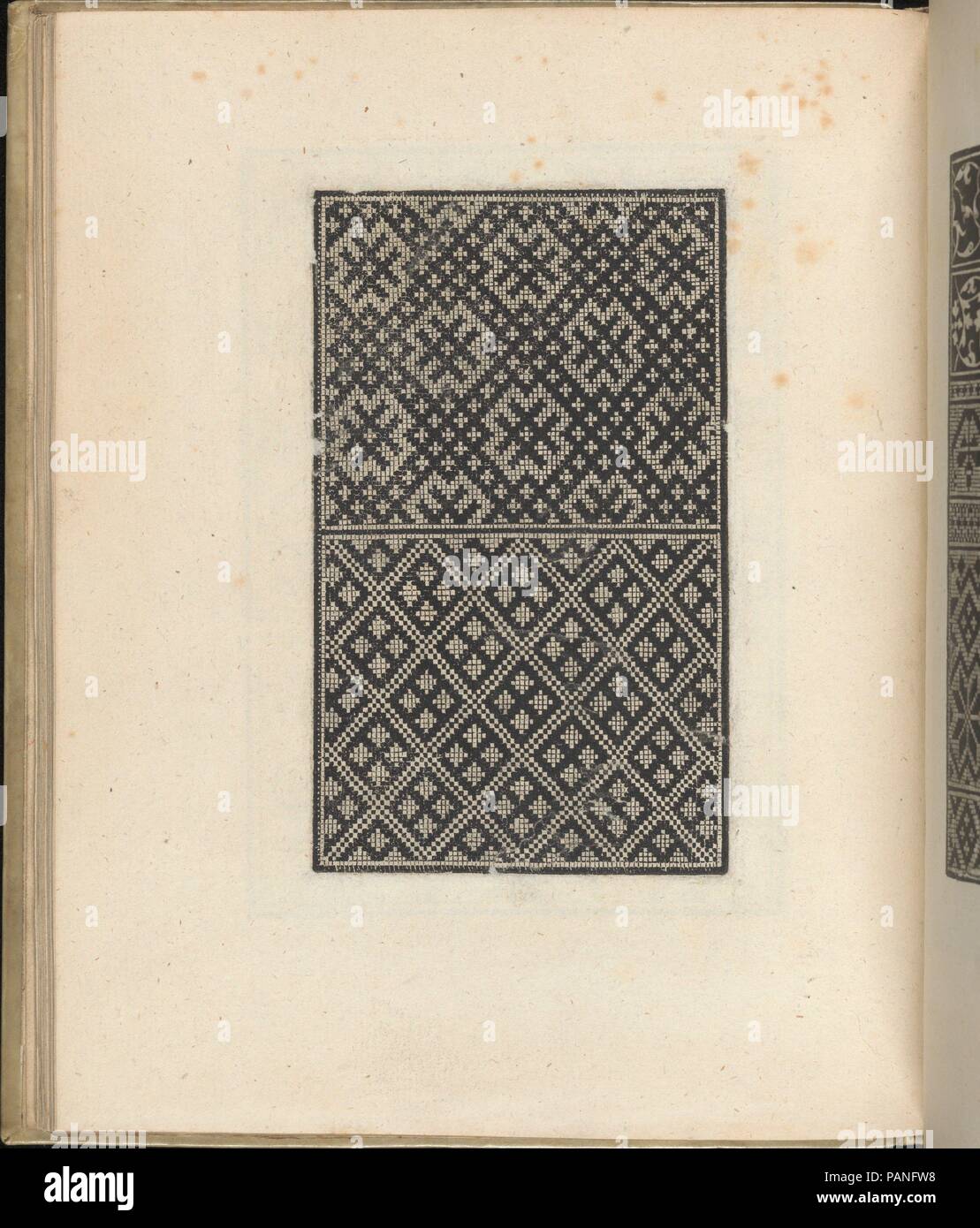 Trionfo Di Virtu. Libro Novo..., page 25 (recto). Dimensions: Overall: 9 13/16 x 7 7/8 in. (25 x 20 cm). Publisher: Matteo Pagano (Italian, 1515-1588) , Venice. Date: 1563.  Published by Matteo Pagano, Italian, 1515-1588, Venice.  From top to bottom, and left to right:  Design composed of 2 horizontal registers. Top register is decorated with a pattern of diamonds; the central diamond appears to be ornamented with an image of a double-headed bird, while the other diamonds frame illustrations of flowers. Bottom register is decorated with a pattern of diamonds formed by lines with coils; inside  Stock Photo