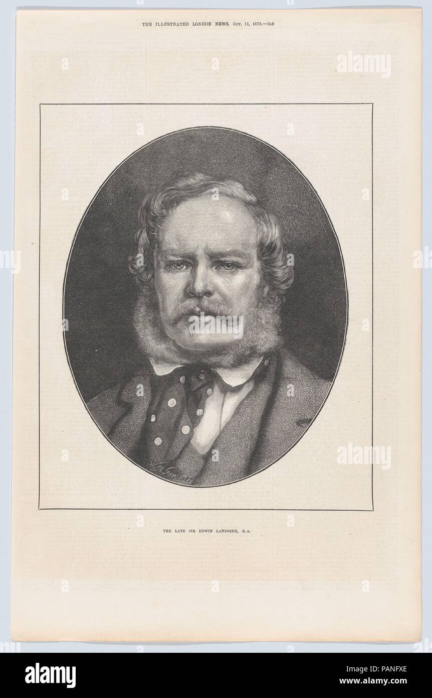 The late Sir Edwin Landseer, from 'Illustrated London News'. Artist: William Biscombe Gardner (British, 1847-1919). Dimensions: Image: 10 1/16 × 8 1/4 in. (25.5 × 21 cm)  Sheet: 15 3/4 × 10 1/8 in. (40 × 25.7 cm). Sitter: Sir Edwin Henry Landseer (British, London 1802-1873 London). Date: October 11, 1873.  Published with a commemorative article on the leading Victorian animal painter Landseer, this wood engraving is based on a self-portrait titled 'The Connoisseurs' (1865, Royal Collection). The oval frame crops out two quizzical dogs who look over Landseer's shoulders in the original. Museum: Stock Photo